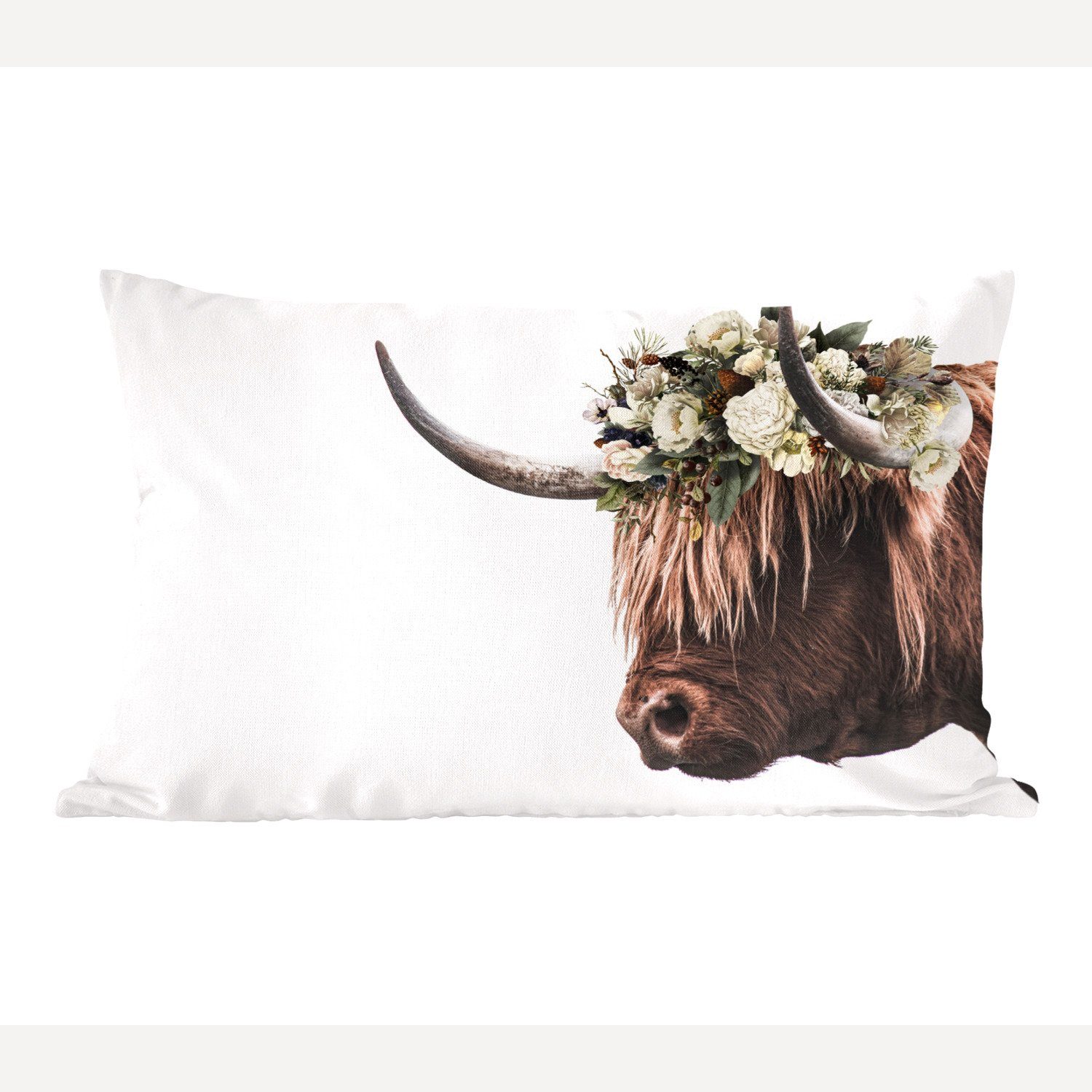 MuchoWow Dekokissen Schottischer Highlander - Kuh - Blumen, Wohzimmer Dekoration, Zierkissen, Dekokissen mit Füllung, Schlafzimmer