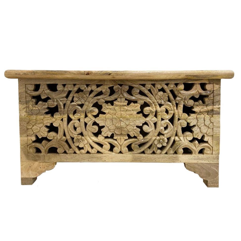 Oriental Galerie Truhe Indische Truhe Schnitzerei natur 80 cm, traditionelle Herstellung in Handarbeit im Ursprungsland