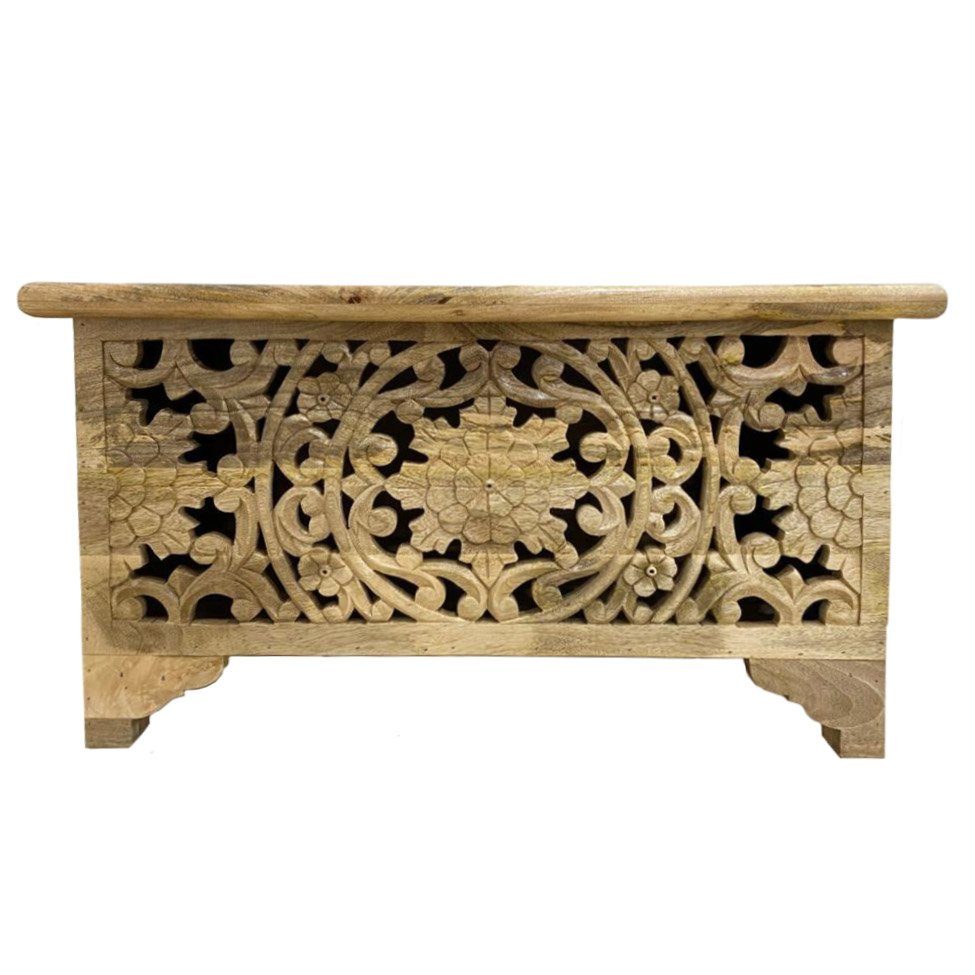 Oriental Galerie Truhe Indische Truhe Schnitzerei natur 80 cm, Holztruhe, Truhentisch Wohnzimmer, Hellbraun
