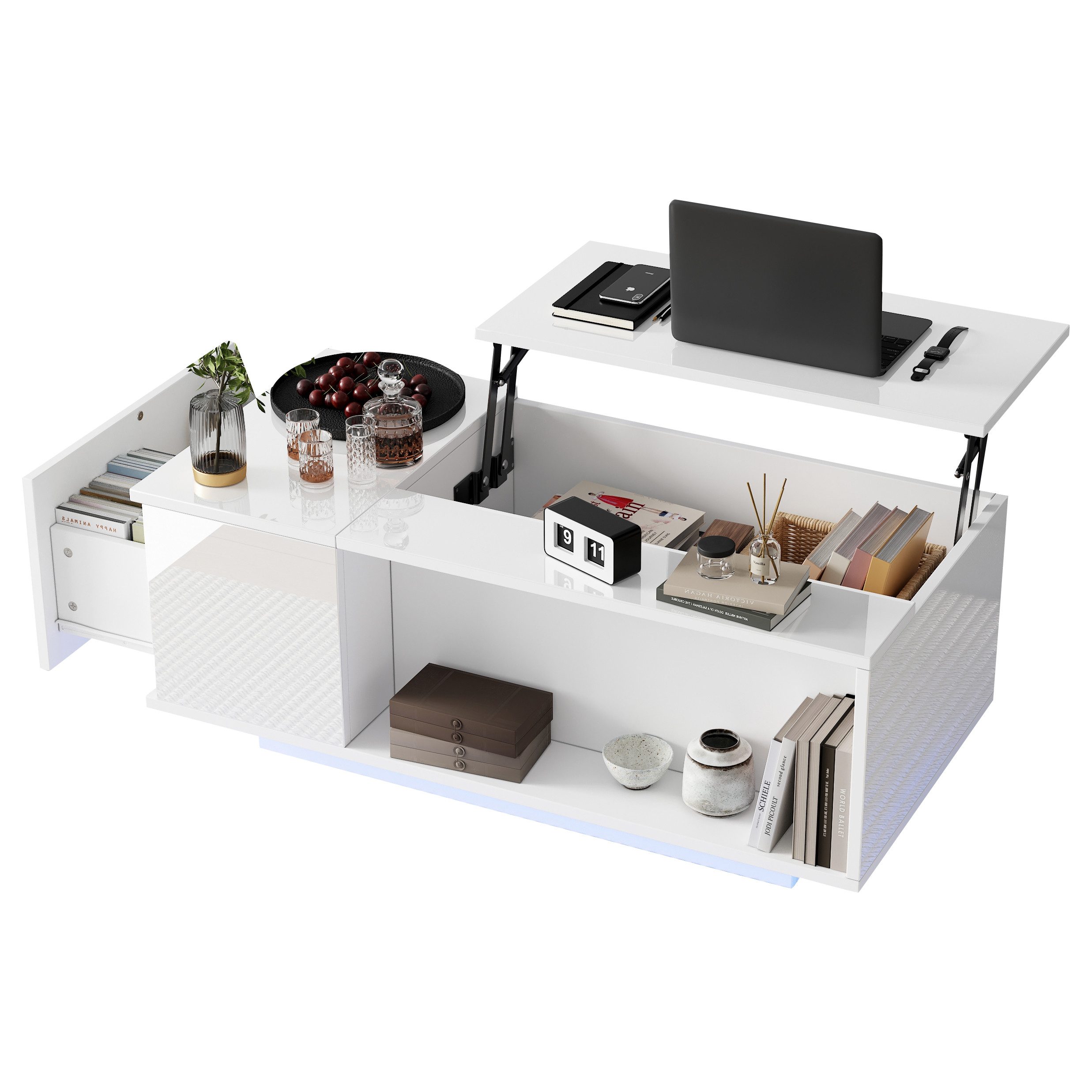 OKWISH Couchtisch Höhenverstellbarer Kaffeetisch (Sofatisch, Beistelltisch, 1-St., 100*50*40cm), mit Verstecktem Stauraum, LED-Licht