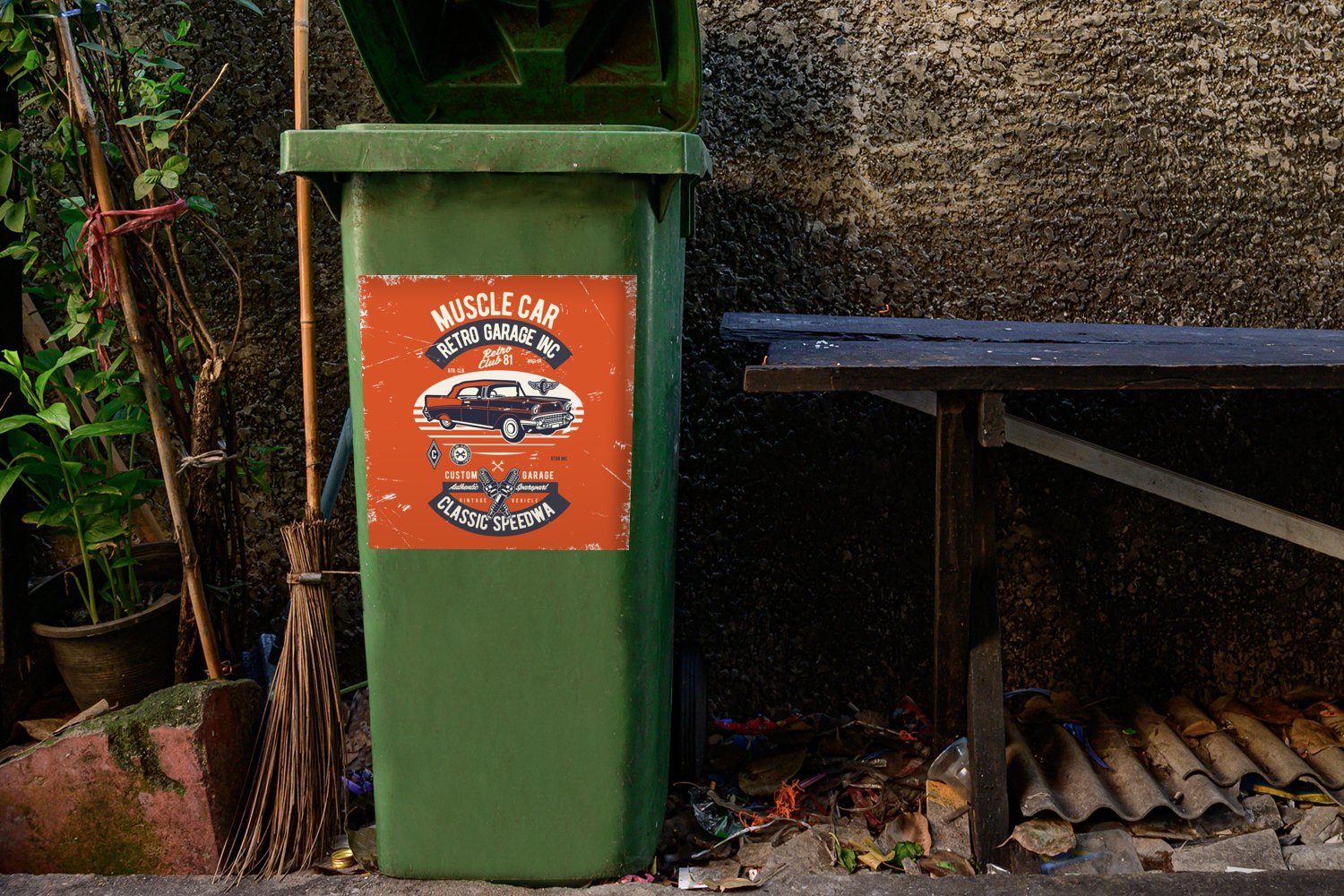 MuchoWow Wandsticker Autos - Oldtimer St), Sticker, (1 Abfalbehälter - Mülltonne, Container, Zeichnung Mülleimer-aufkleber