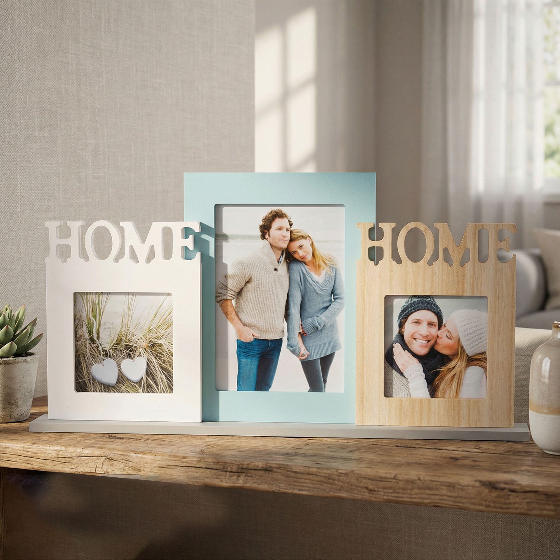 Levandeo® Fotohalter Bilderrahmen Aufsteller 3 Fotos 10x10 13x18 MDF Holz Home Fotorahmen G, für 3 Bilder