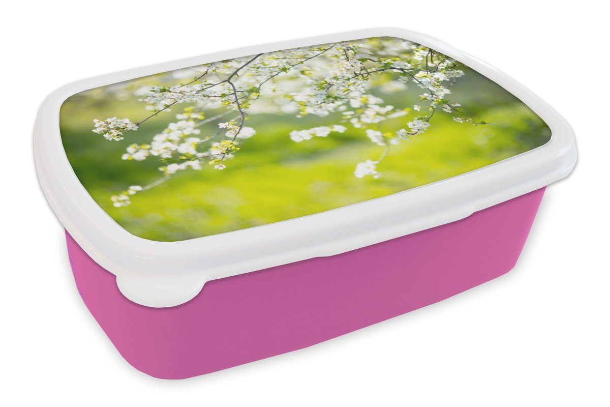 Erwachsene, Frühling Kunststoff Mädchen, rosa Kunststoff, Snackbox, Brotbox - MuchoWow Kinder, Weiß, Blüte Brotdose - für (2-tlg), Lunchbox