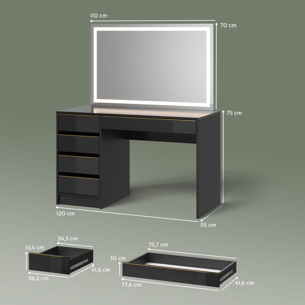Livinity® Schminktisch Imola, Schwarz/Gold/Gold, 120 cm mit LED-Spiegel (2-St)