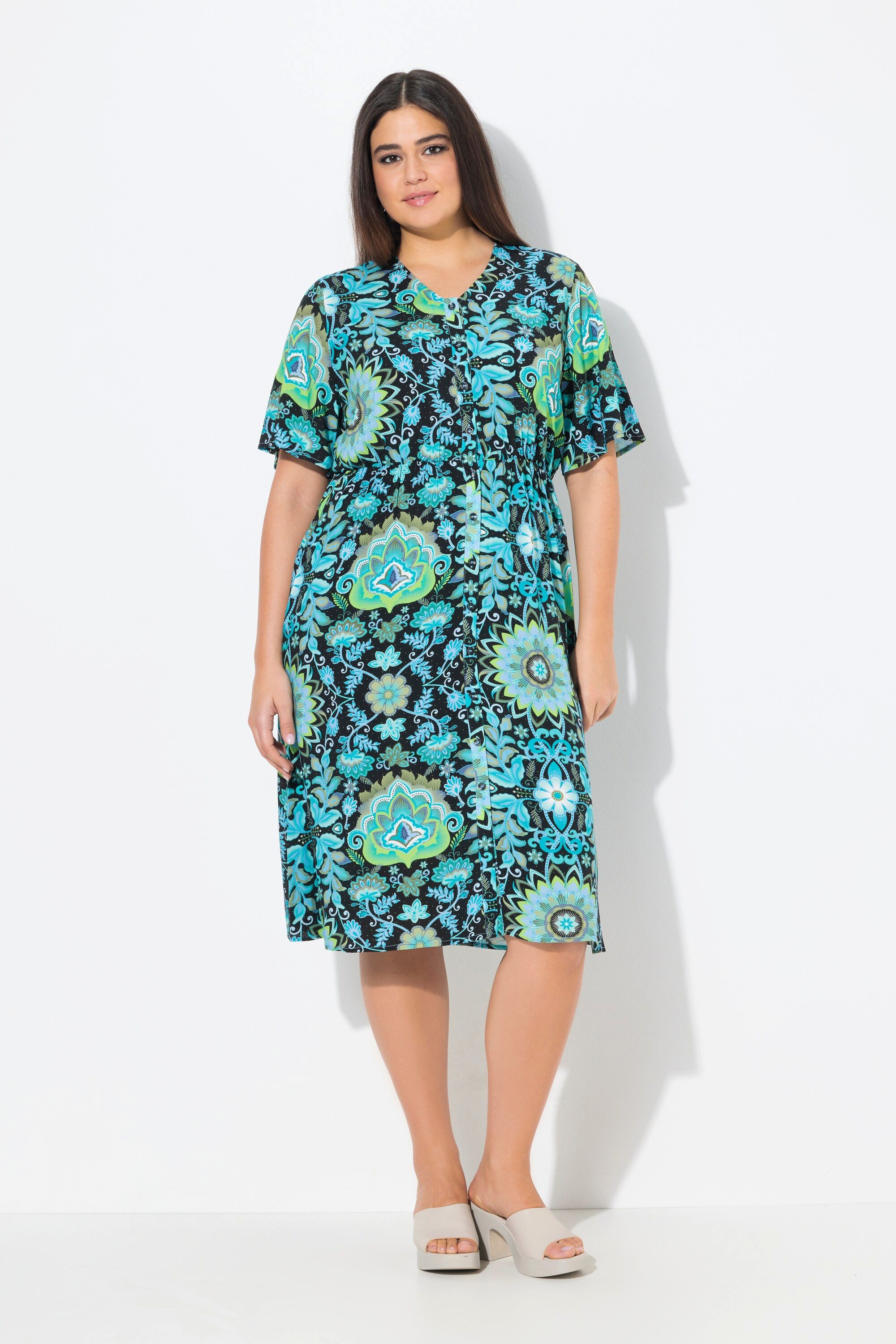 Ulla Popken Midikleid Midikleid A-Linie V-Ausschnitt günstig online kaufen