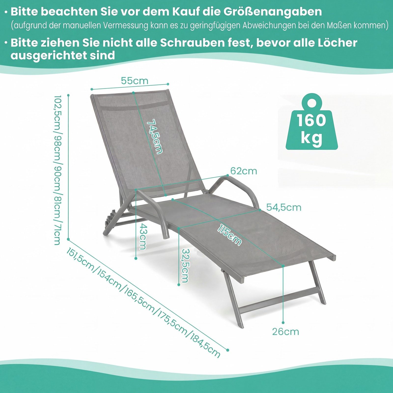 COSTWAY Gartenliege 2 TLG. Liegestuhl, 2 St., 5 Positionen verstellbar, Armlehnen – Bild 5 von 5