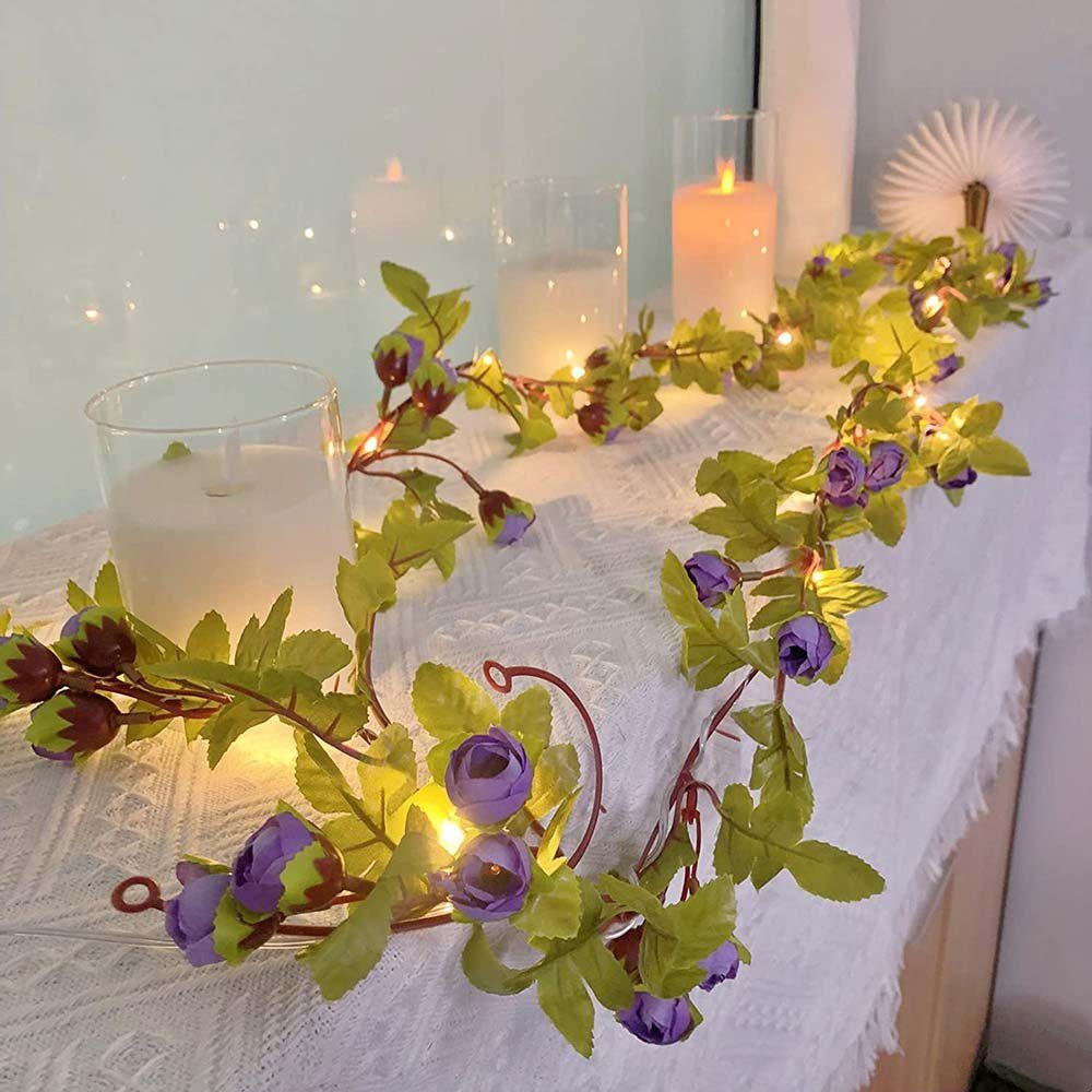 Rosnek LED-Girlande LED Deko Lichterketten,30 Lila LEDs,2 Blumen, Party Hochzeit Schlafzimmer Rose Valentinstag für M,Künstliche Seide Girlanden