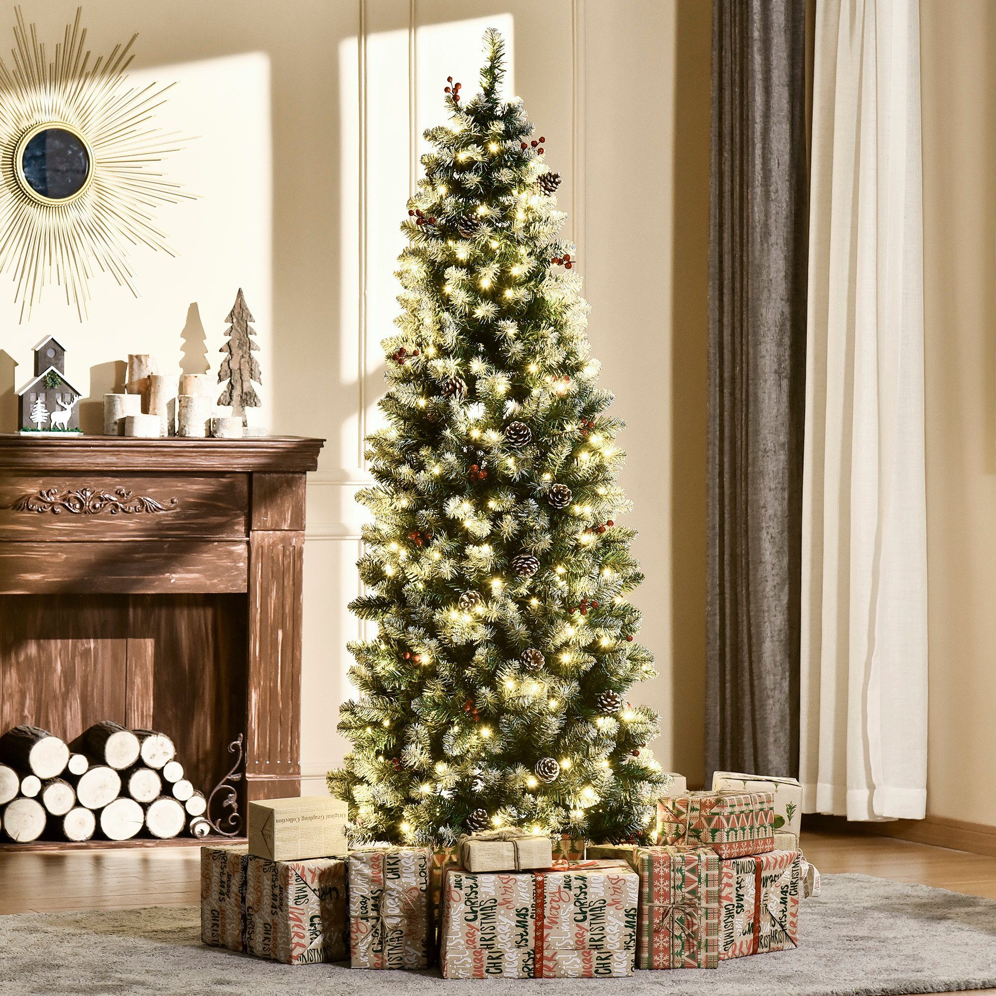 HOMCOM Künstlicher Weihnachtsbaum Vorbeleuchteter Weihnachtsbaum, Tannenbaum, mit LED-Lichter Kunsttanne, Grün+Weiß Ø65 x 180 cm