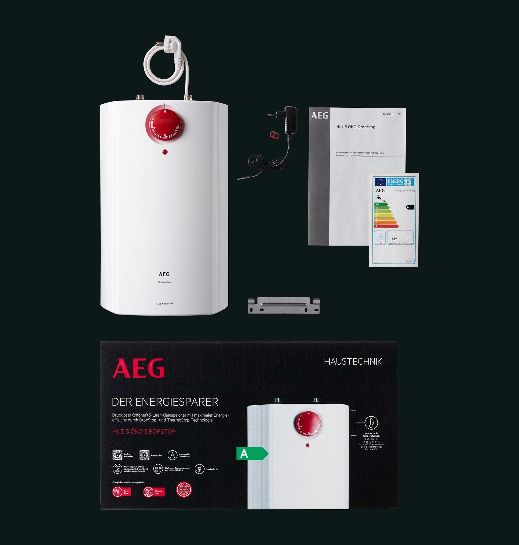 AEG Haustechnik Kleinspeicher Huz 5 DropStop, Untertischboiler 5 Liter, Niederdruck, mit Thermostop, mit Stecker