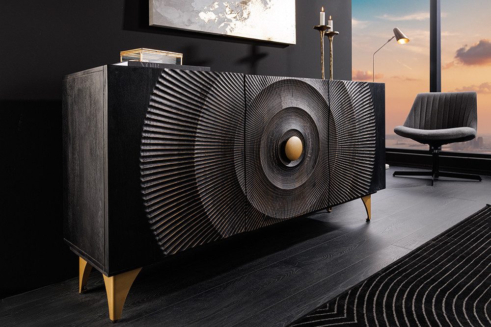 riess-ambiente Sideboard GOLDEN SUNSET 140cm schwarz/gold - Massivholz, 3D-Front, Soft-Close (Einzelartikel, 1 St), handgefertigt mit viel Stauraum – ideal für Wohnzimmer & Esszimmer