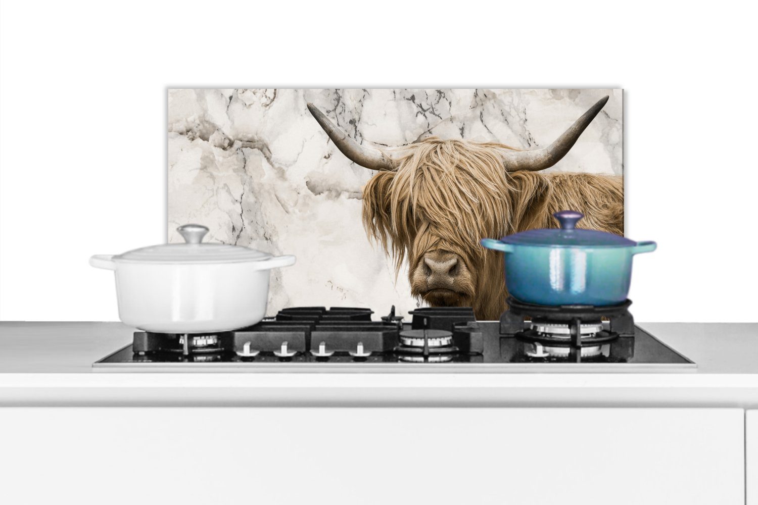 MuchoWow Küchenrückwand Schottischer Highlander - Tiere - Marmor, (1-tlg), 60x30 cm, Wandschutz, gegen Fett und Schmutzflecken für Küchen