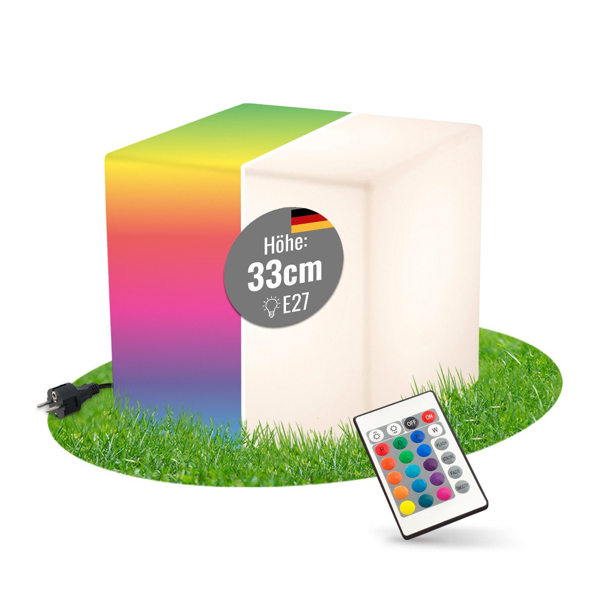 8 seasons design LED Würfel Shining Cube, Würfelleuchte für außen (Garten, Terrasse, Balkon), LED wechselbar, E27-Fassung, warmweißes und buntes Licht (15 Farben), dimmbar, RGB Farbwechsel, Fernbedienung - robust & langlebig
