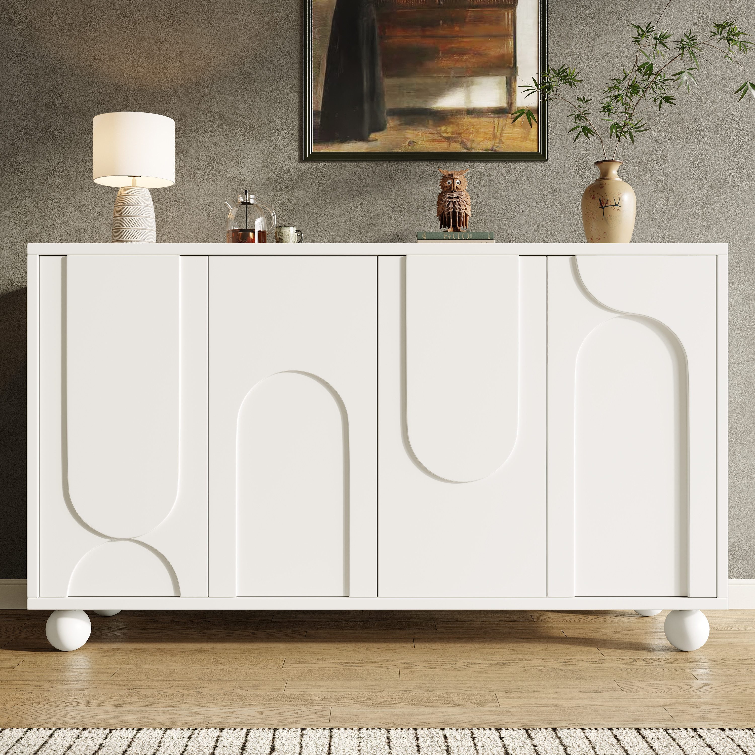 KLAM HOME Sideboard Schrank mit Stauraum, Anti-Dumping, verstellbarer Platte, weiß (Modernes, Schlichtes Kunst-Sideboard(120×35×71cm), Esszimmer- und Wohnzimmer-Aufbewahrungsschrank mit 4 Türen