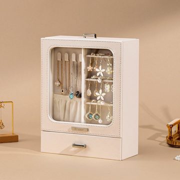 Yorbay Schmuckkasten Schmuckkoffer mit 2 Schubladen, Weiß, Schmuckkasten mit Glasfenster, Schmuckschatulle für Halsketten, Ringe, Armbänder, Ohrringe