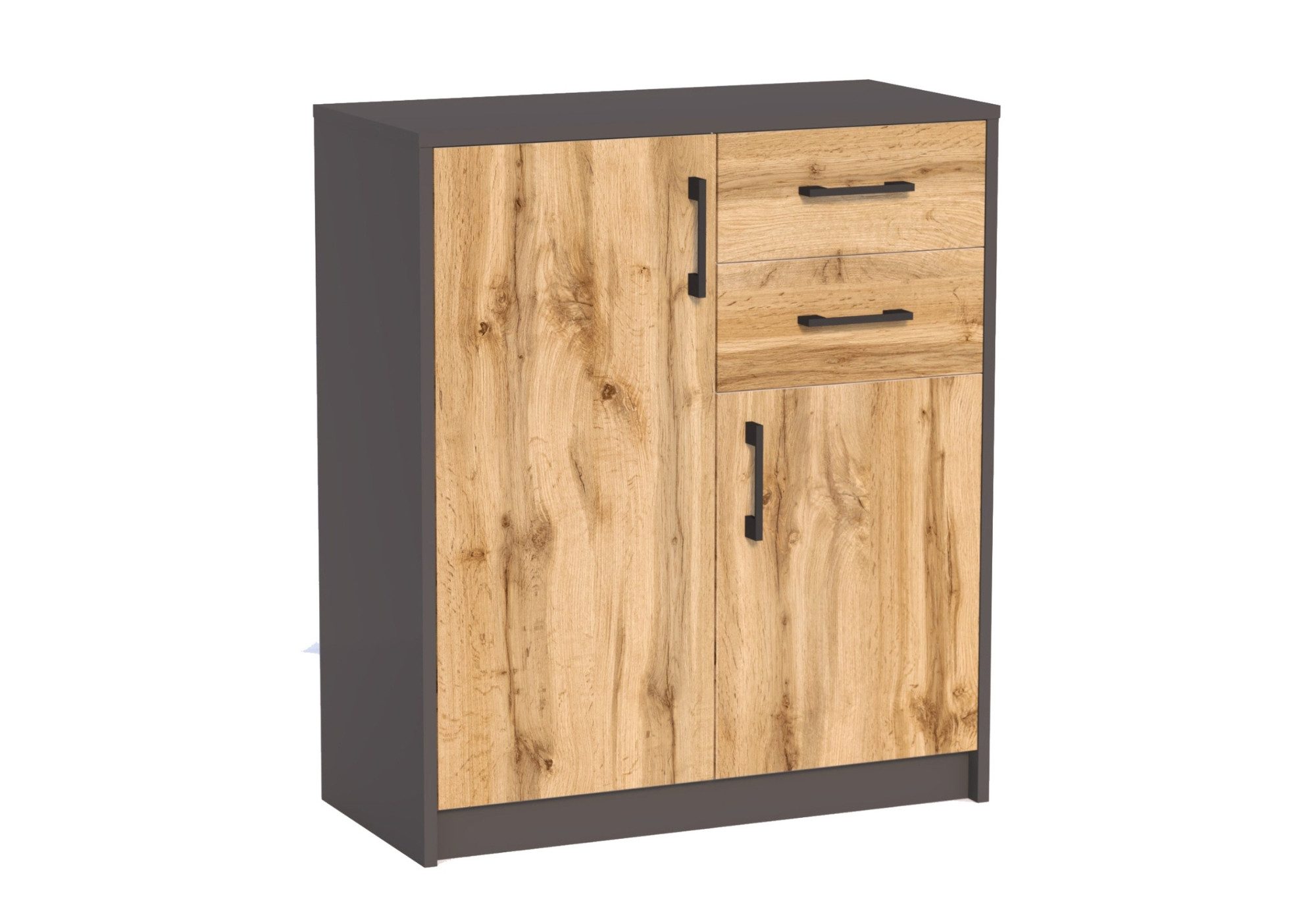 Home Collective Kommode mit 2 Schubladen und 2 Türen in matter Ausführung, Kommode 74cm breit (Hergestellt aus laminiertem Holz, Metallrollen mit Auszugssperre), Holz Schrank Sideboard Highboard Kommode mit Schubladen Graphit-Eiche