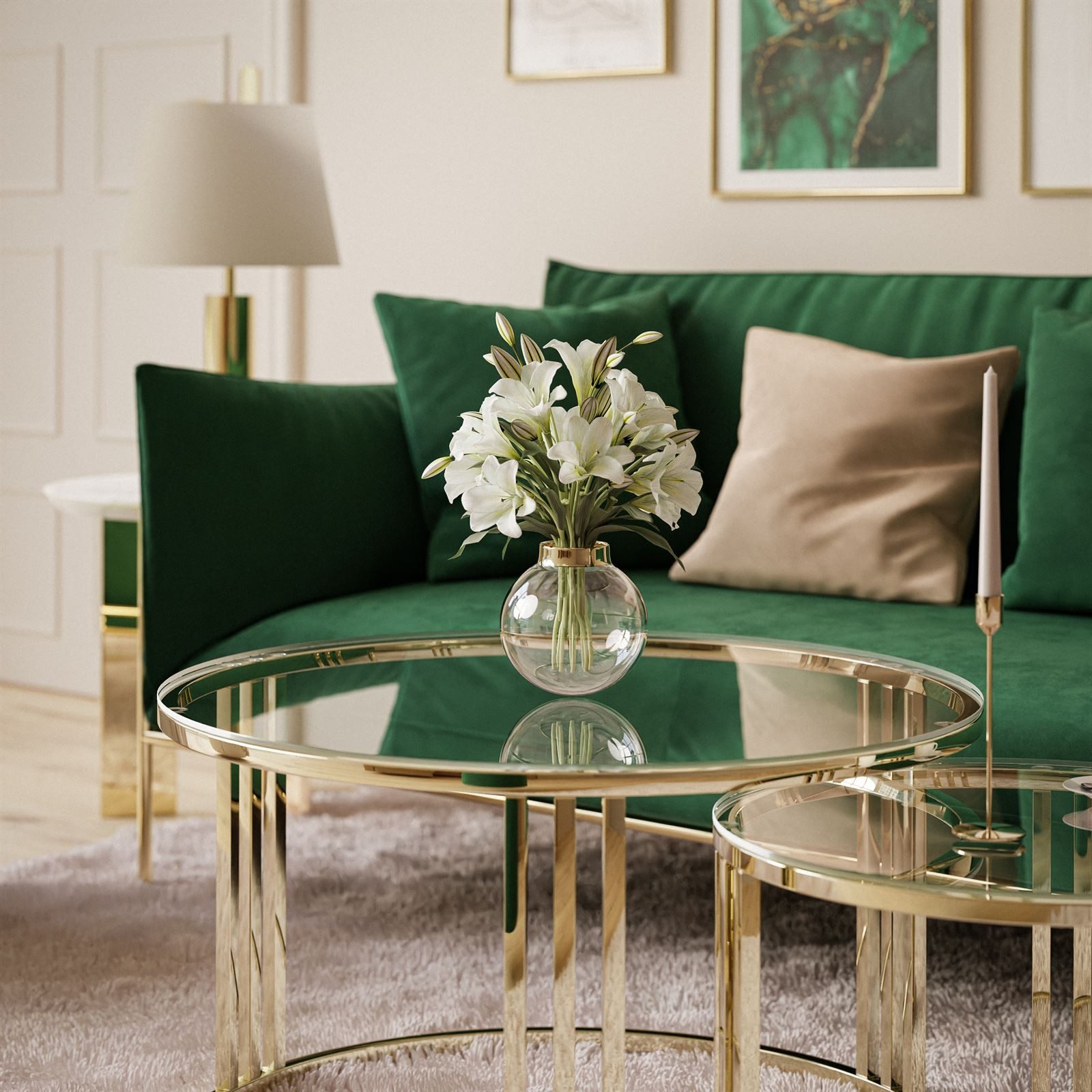 Lookway Couchtisch LORI 2in1 GLASS runder Couchtisch mit gold chrom Gestell (2er Set), Durchmesser: ⌀70 cm und ⌀50 cm