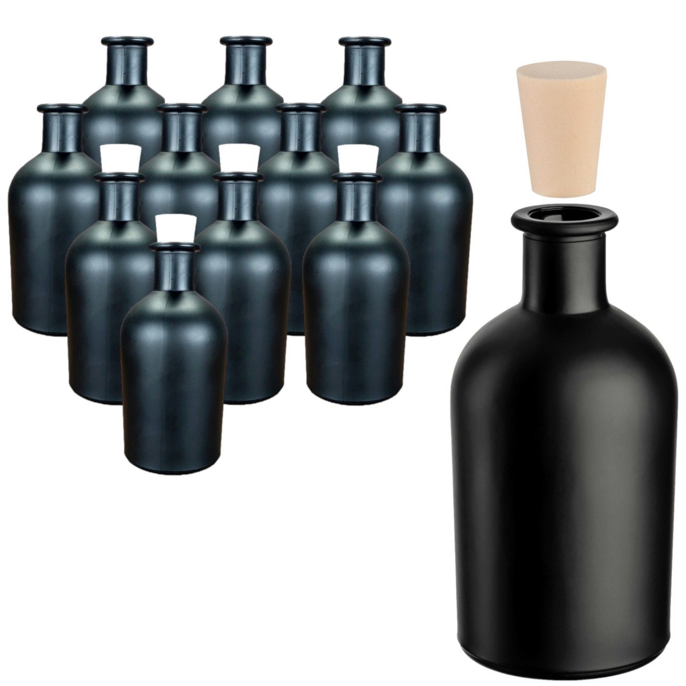 gouveo Trinkflasche Glasflaschen 250 ml Apotheker mit Korken - Leere Likörflasche 0,25 l, 12er Set, Schwarz, PEK