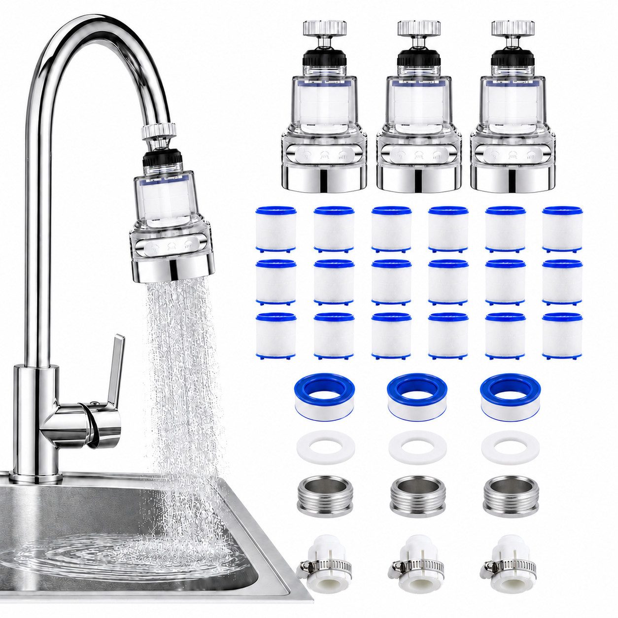 Diwzbyn Wasserhahnfilter Wasserhahnfilter 3er Set, 360° Drehbarer Filter für Küche & Bad, 3 Wasserstrahlarten, Praktischer Filter für …