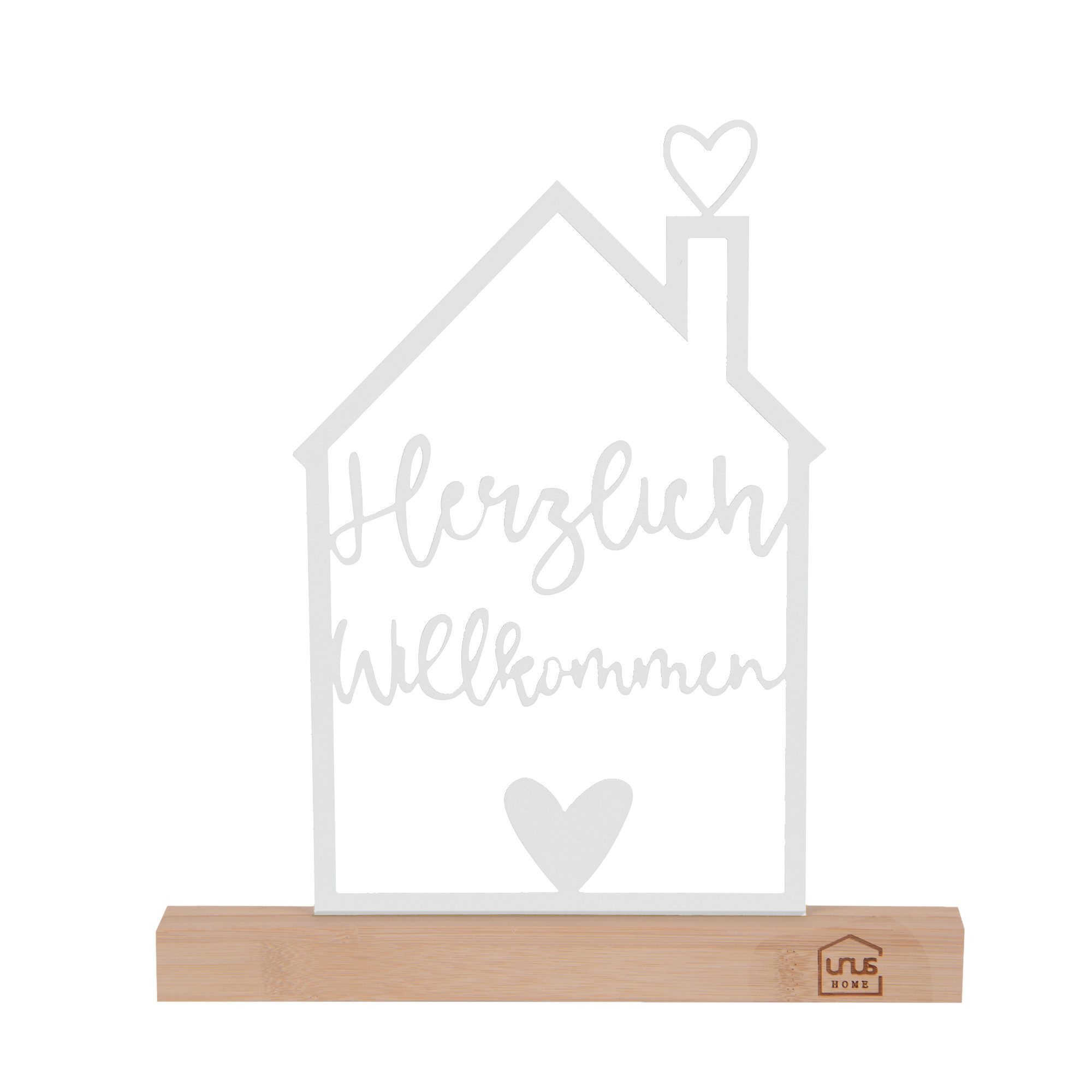 UNUS HOME Dekofigur Aufsteller "Herzlich Willkommen" (weiß), liebevolle Deko für Flur, Eingangsbereich oder Balkon