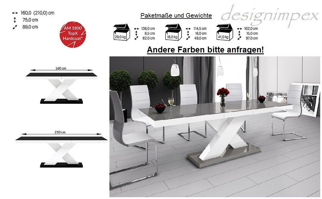 Tisch Grau designimpex 160 Weiß ausziehbar Hochglanz Design / HE-888 210 Hochglanz Esstisch / Weiß Hochglanz bis Grau cm