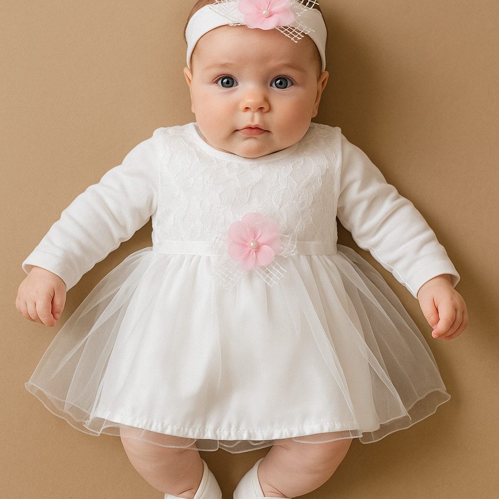 Lorey Medtec Taufkleid Mädchen Outfit, Set, Größe 56, Body, Kleid, Schuhe, Stirnband, Weiß