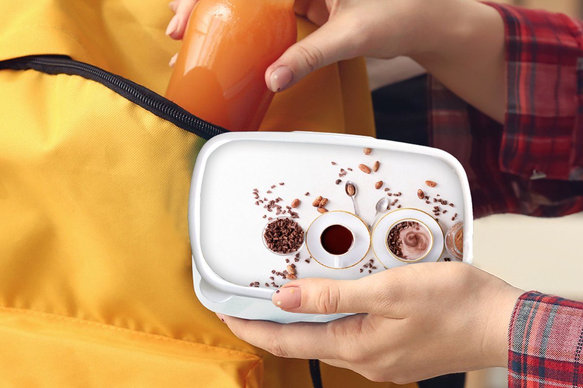 MuchoWow Lunchbox Kaffee - (2-tlg), Brotdose, Brotbox Kinder Erwachsene, Mädchen Schokolade, Kunststoff, für Jungs weiß für Kaffeebohnen und - und