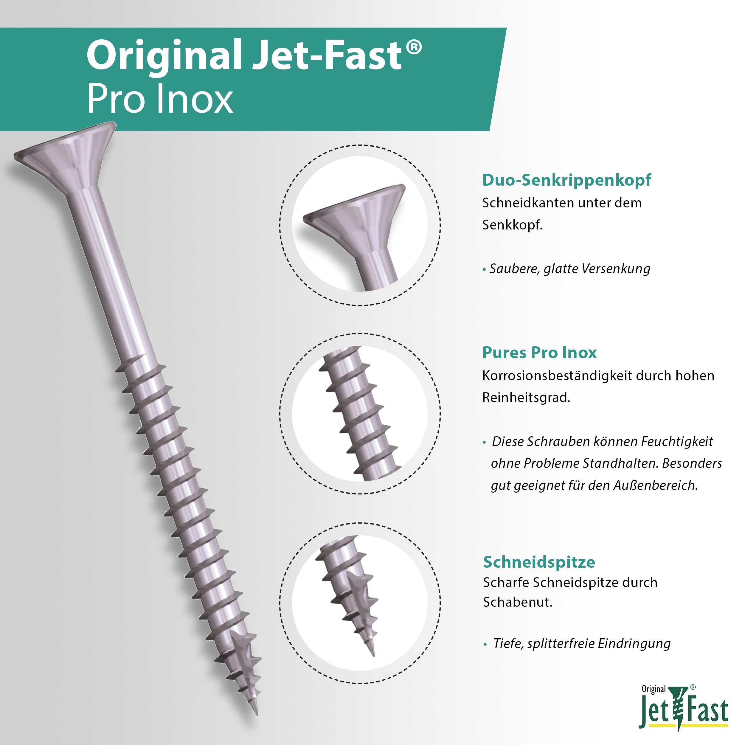 Jet-Fast Spanplattenschraube Universalschrauben Pro Inox 100/200 Stück, (Edelstahl A2, korrosionsbeständig), Schneidspitze und Fräsrippen für Holzverschraubungen