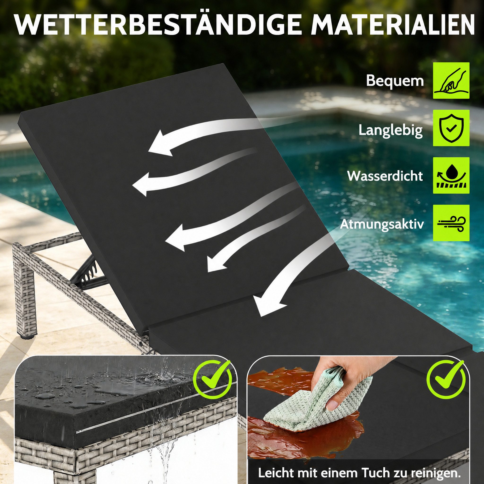 Huracan Gartenliege Sonnenliege mit 5-Fach höhenverstellbarer Rückenlehne, Gartenliege Daybed Outdoor mit Bequemer Polsterauflage, 2 St., Relaxliege Rattan Polyrattan für Innen und Außen Balkonliege