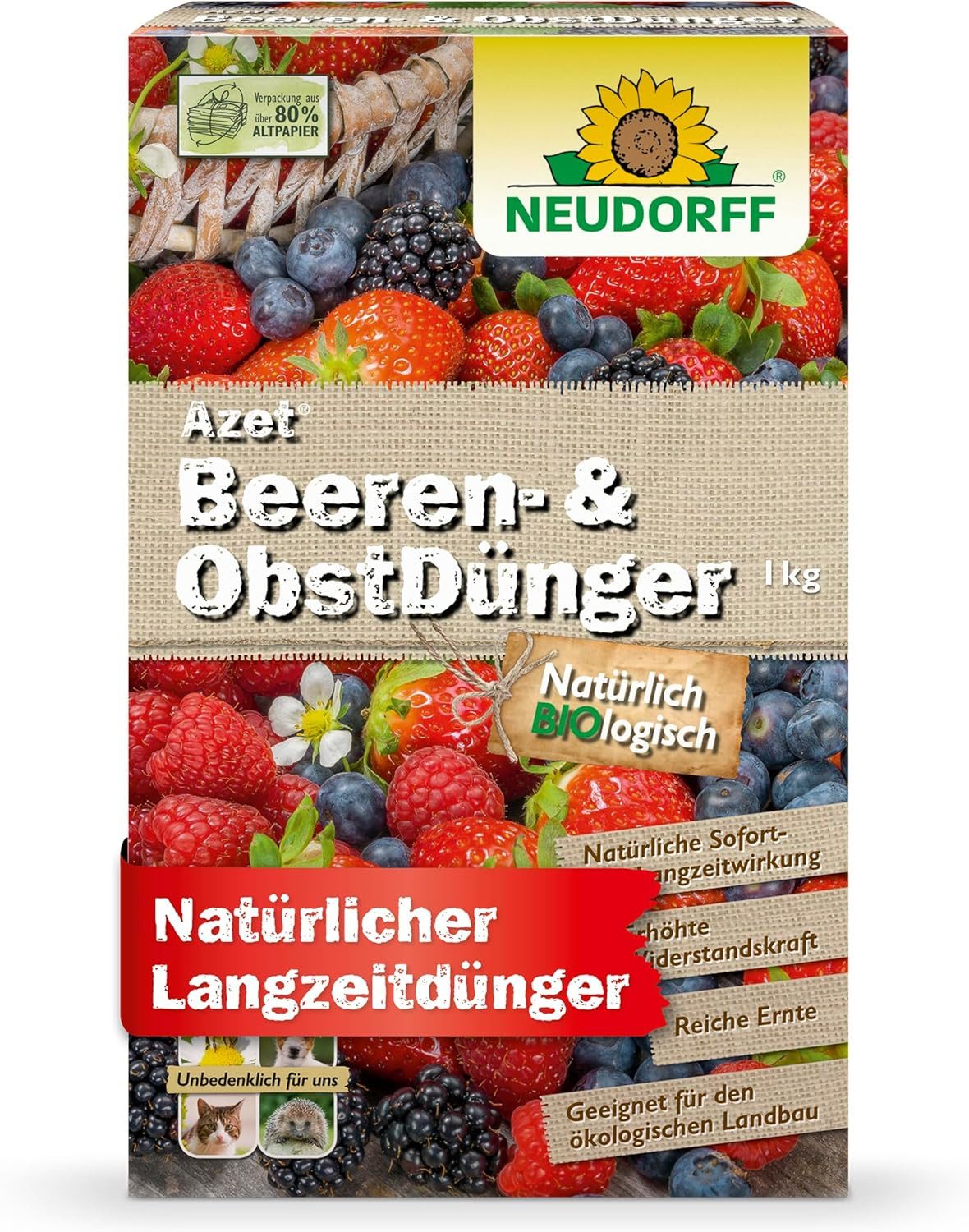 Neudorff Obstdünger Bio - Azet Beeren- & ObstDünger 1 kg, organischer Langzeitdünger mit Sofort- & Langzeitwirkung, Himbeer & Erdbeer Dünger aus natürlichen Rohstoffen