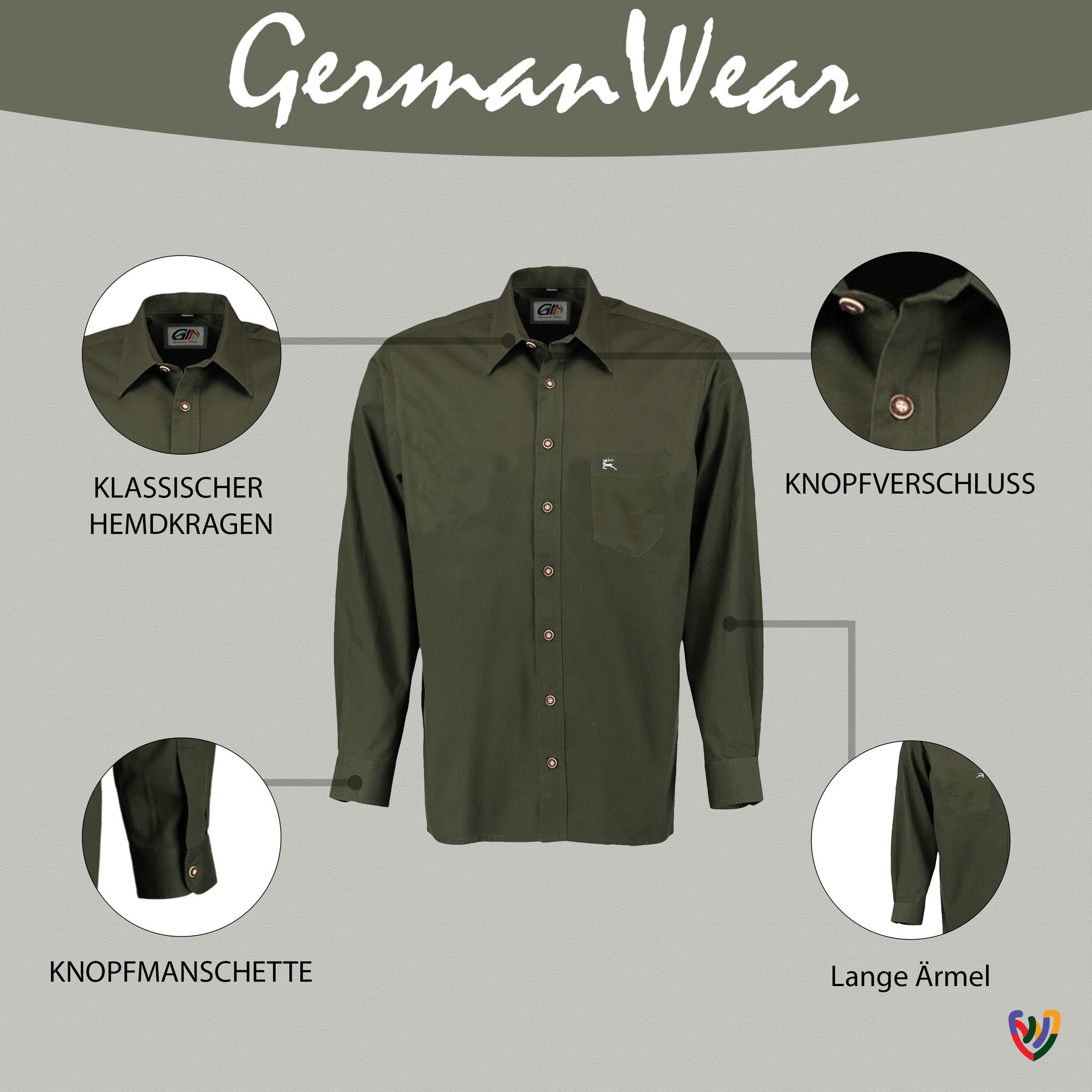 German Wear Trachtenhemd OJ7 - Hirsch Jagdhemd hemd jäger Hemd Langarm Hemd – Bild 4 von 4