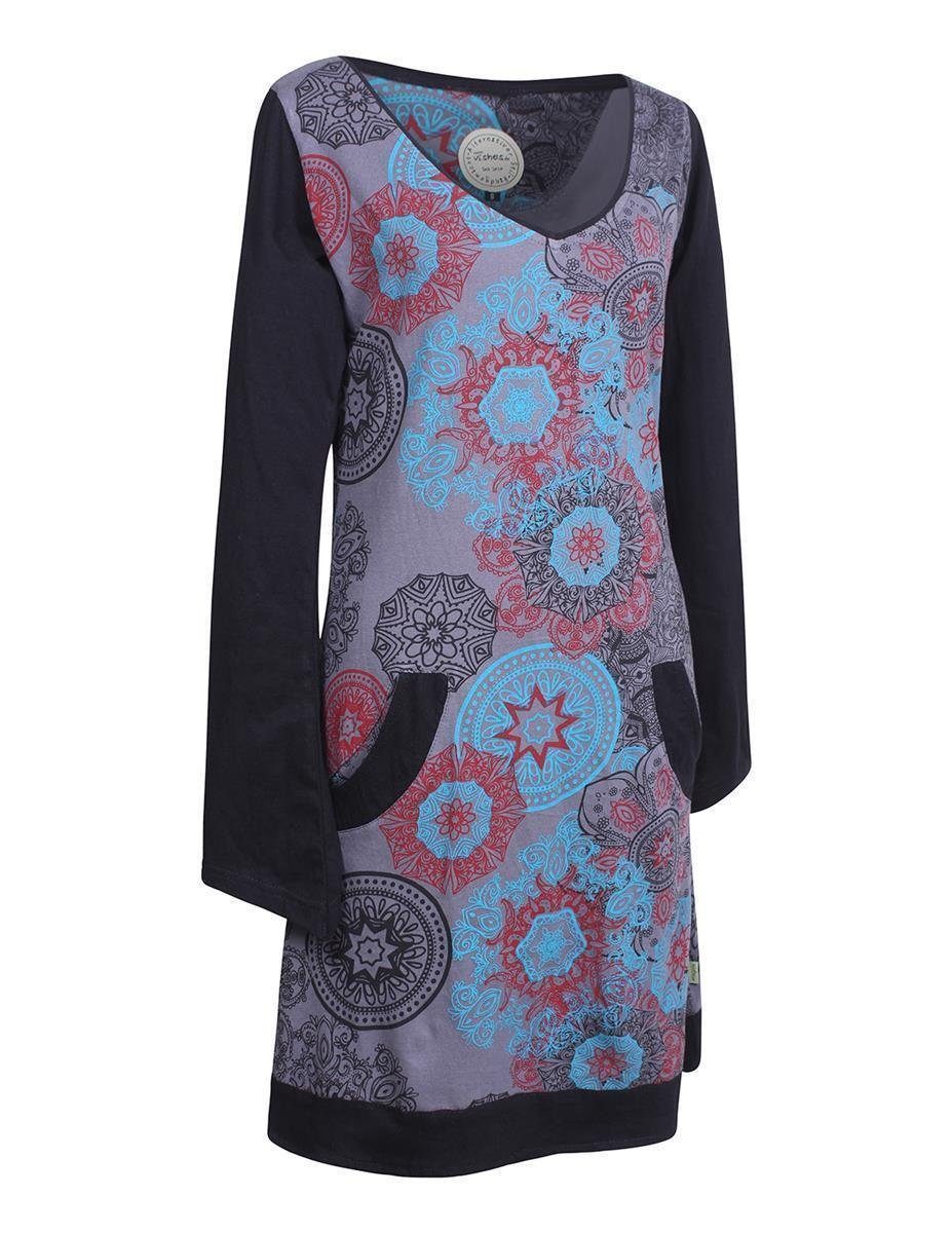 Vishes Jerseykleid Lagen-Look Long Langarm Shirt, Kleid Hippie-Kleid V-Ausschnitt grau Mandalas