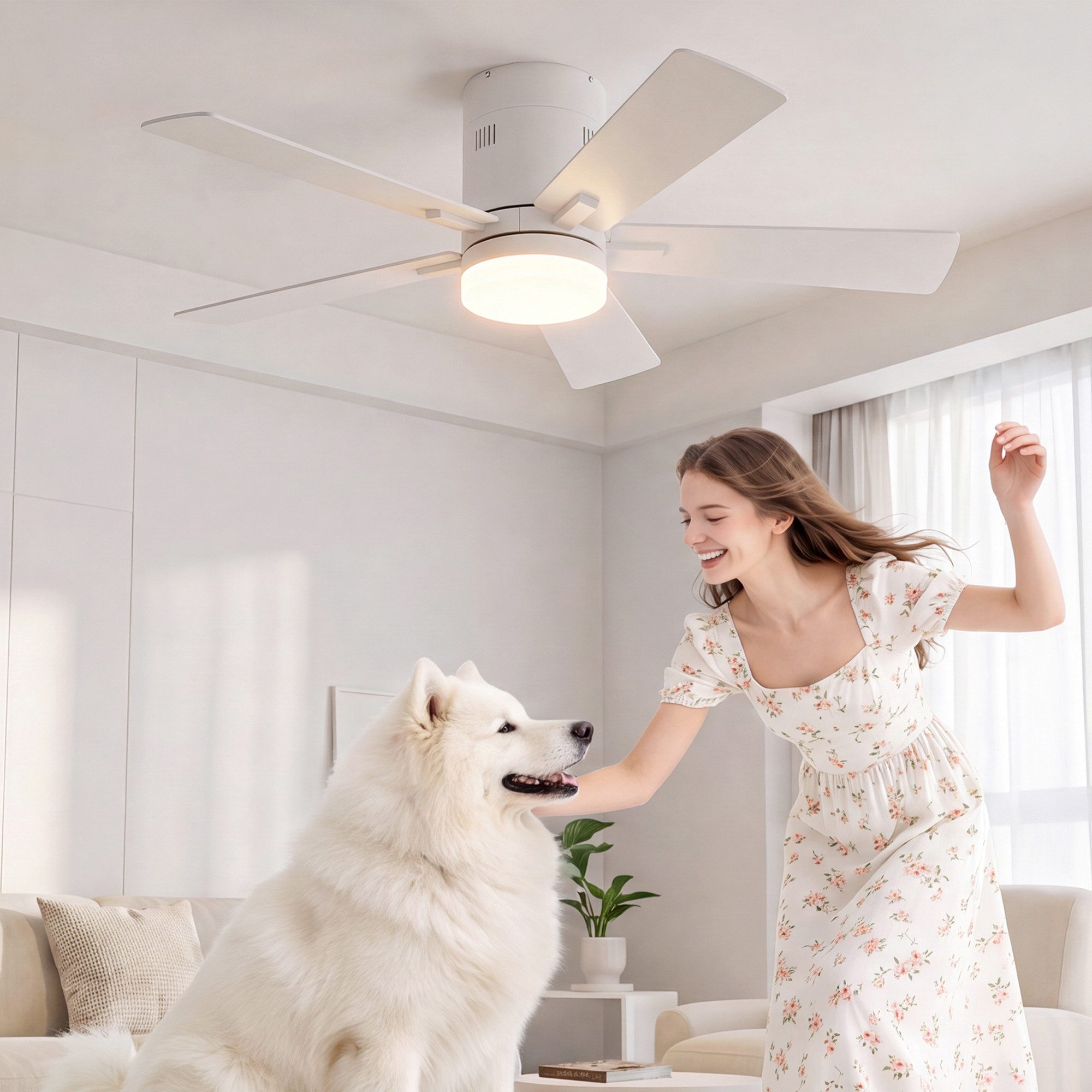 Furnishings Home Deckenventilator Ventilatorleuchte mit Licht Deckenlampe mit Fernbedienung DC 6 Stufen, Durchmesser 132 cm, Dimmbare LED, Sommer/Winterfunktion, 5 Flügel