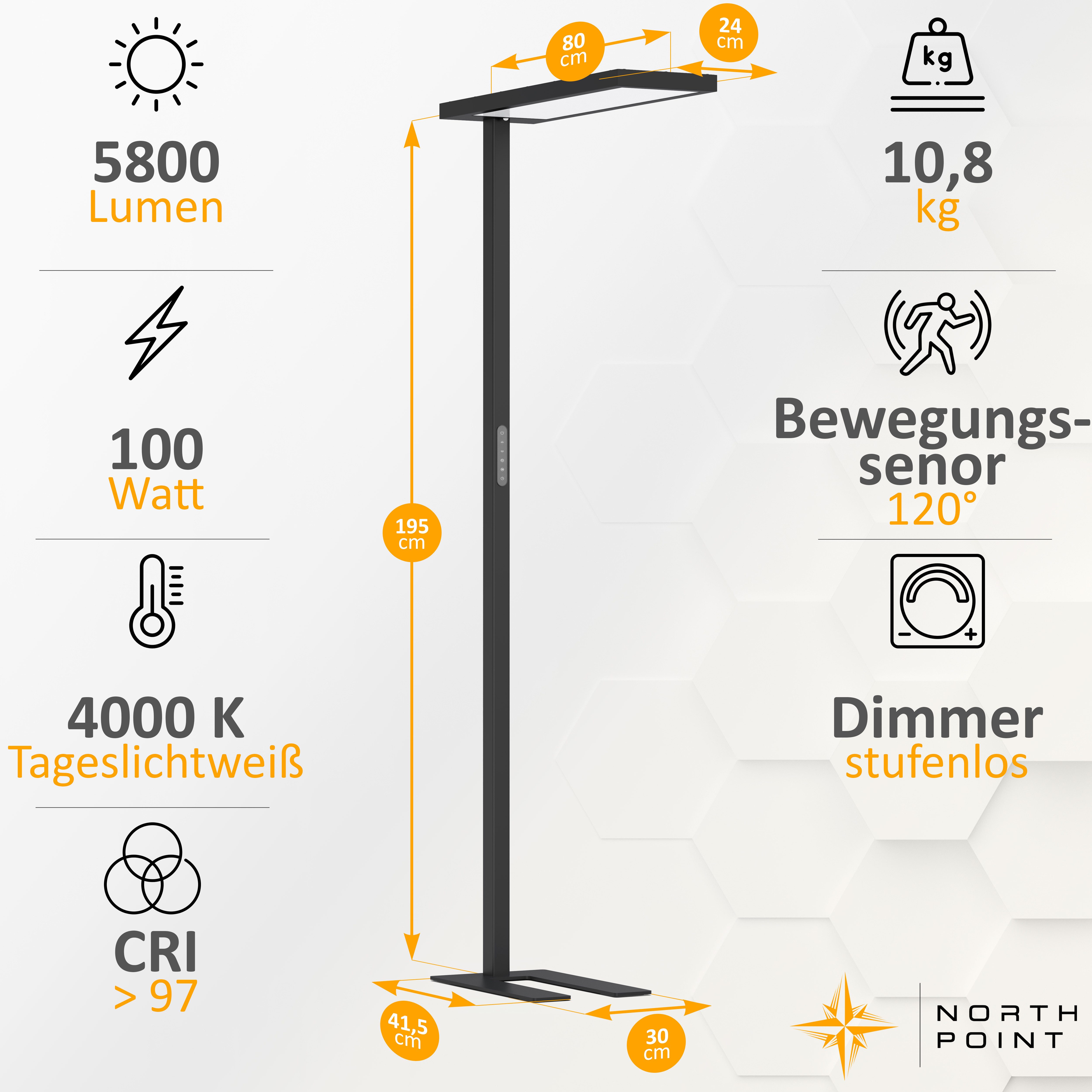 Northpoint LED Stehlampe Bürolampe 100W Bewegungsmelder Tageslichtweiß dimmbar Timer