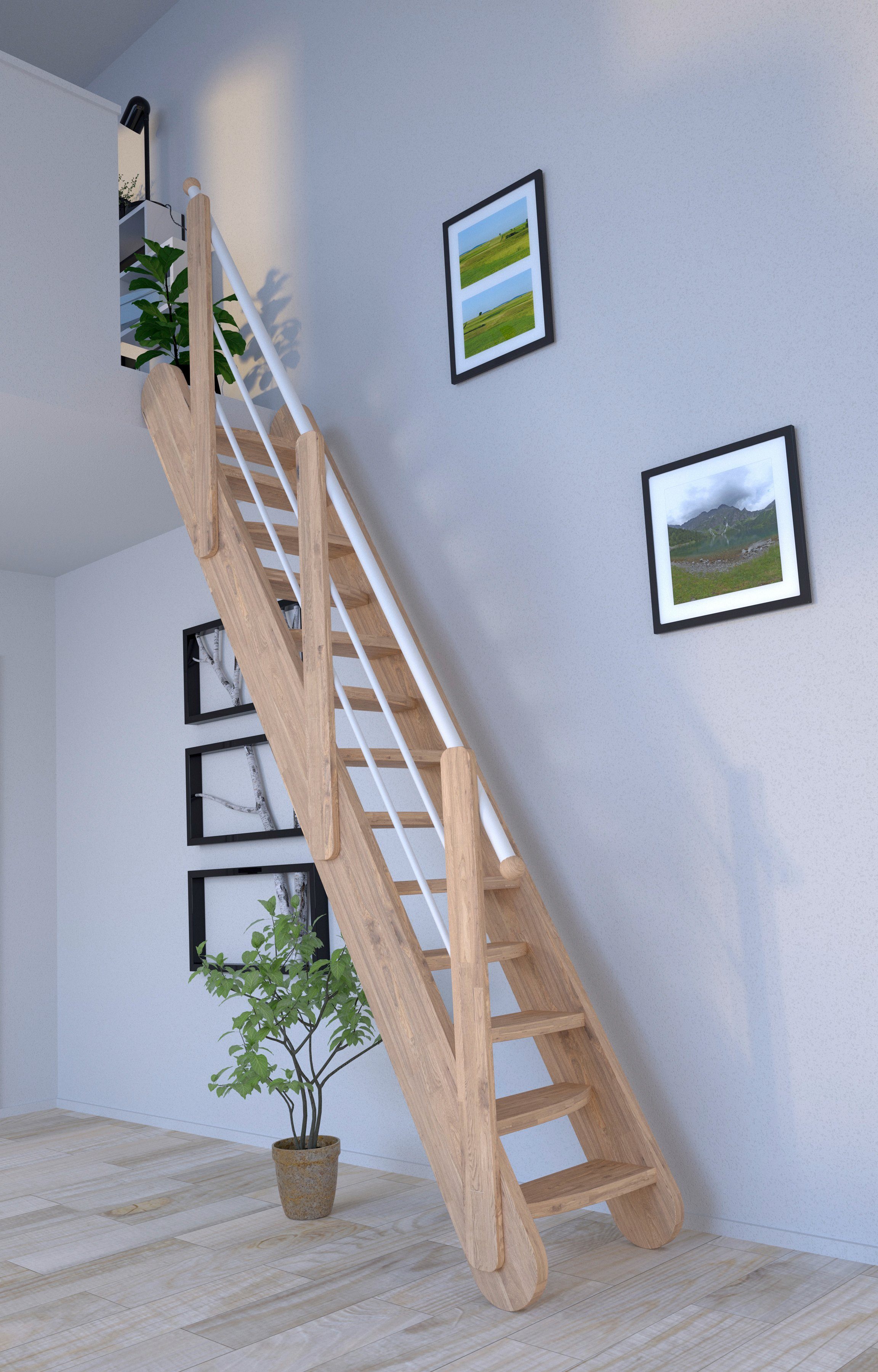 Weiß, offen, Stufen Samos, Holz-Edelstahl Starwood Raumspartreppe Wangenteile Durchgehende Massivholz