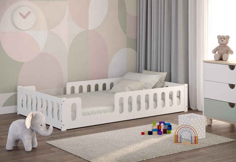 CADANI Kinderbett Monte 80x160 cm - 140x200 cm weiß (120x200, abnehmbarer Rausfallschutz), Bodenbett