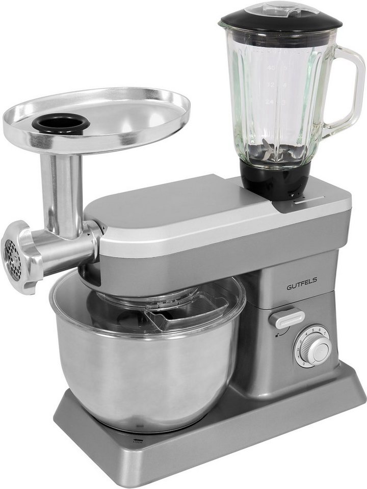 Gutfels Küchenmaschine KM 8101 si, 1200 W, 6,2 l Schüssel, 6,2 Liter  Edelstahlschüssel & 1,5 Liter Mixbehälter aus Glas