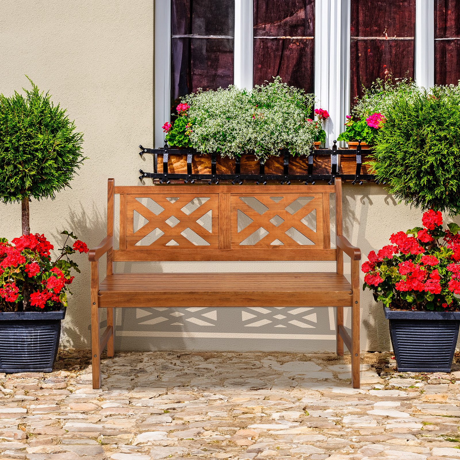 LEADZM Gartenlounge-Bank Gartenbank, Holzbank, Bank mit Rücken- & Armlehnen, Gartenbank