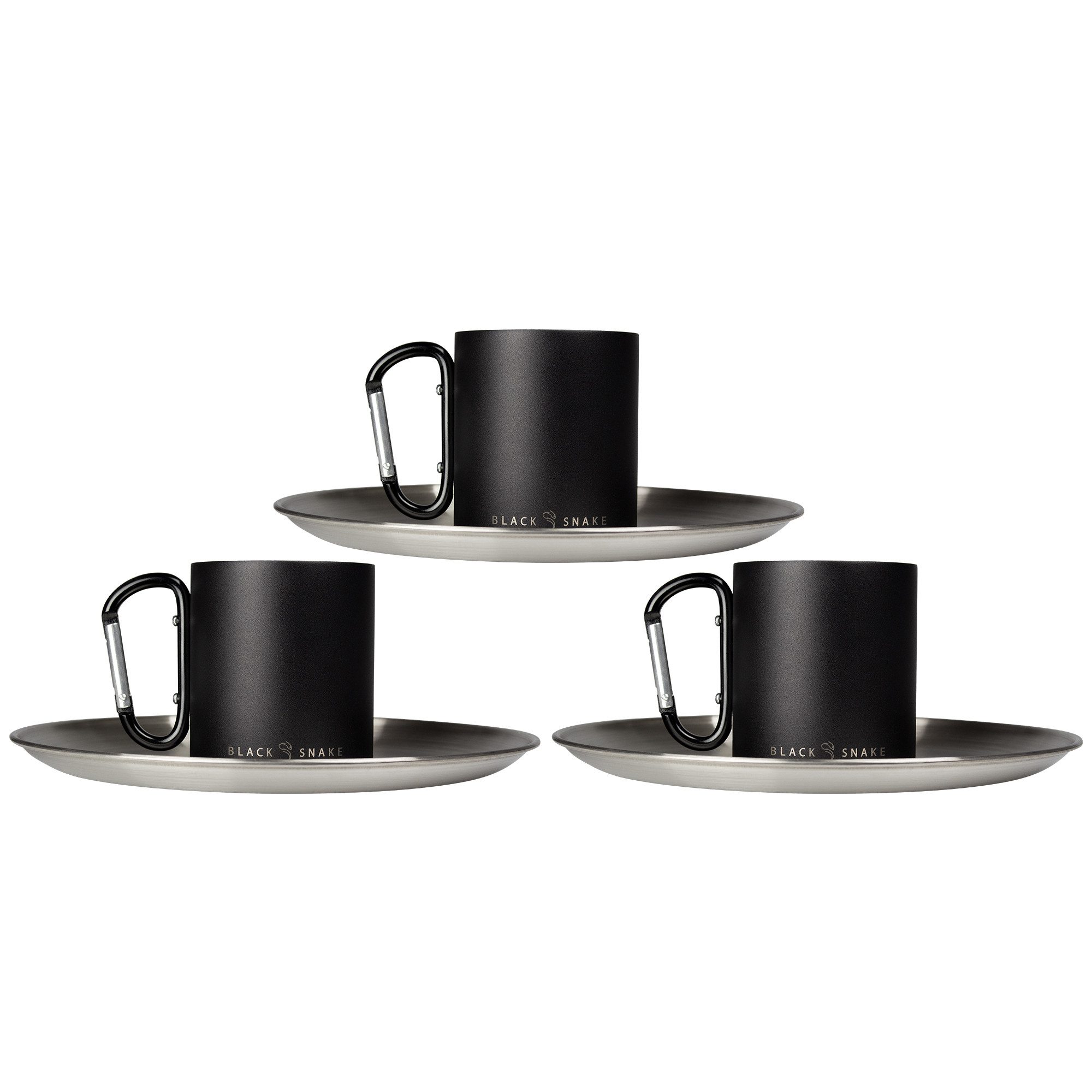 Black Snake Geschirr-Set Camping Set mit Edelstahl Teller & Thermobecher (6-tlg), 3 Personen, Edelstahl, Edelstahl Teller mit Karabiner Thermobecher im Set