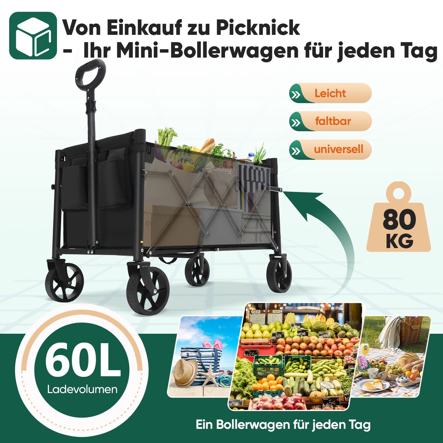 Sekey Bollerwagen Ultraleicht Faltbarer Handwagen Transportkarre bis zu 80kg / 100kg, 80 KG / 60 L Einkaufswagen Campingwagen mit Höhenverstellbarem Griff