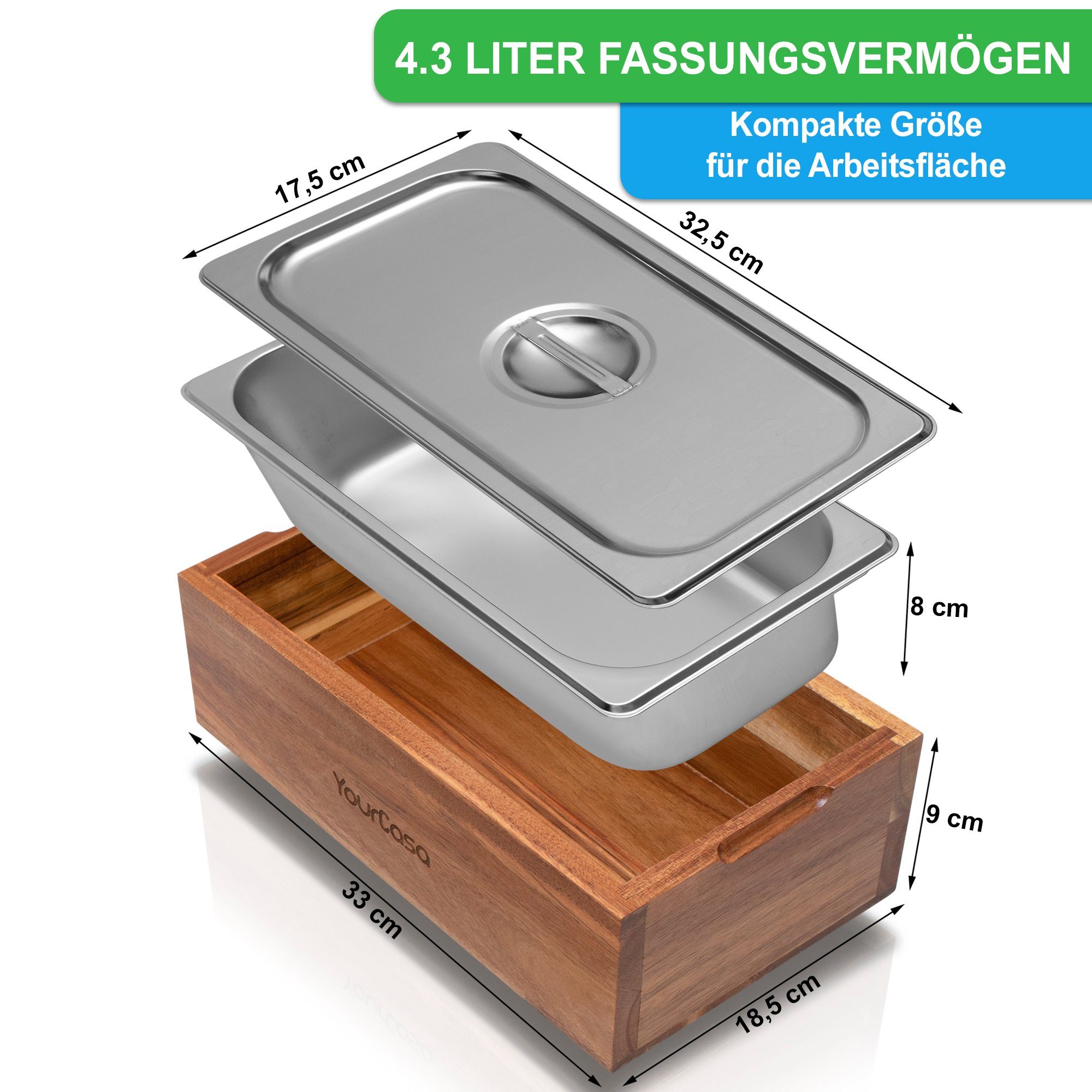 YourCasa Biomülleimer Küche - Echtholz & Edelstahl für alltäglichen Bio Müll - Komposteimer, Fassungsvermögen, 4l, Edelstahl – Bild 5 von 5
