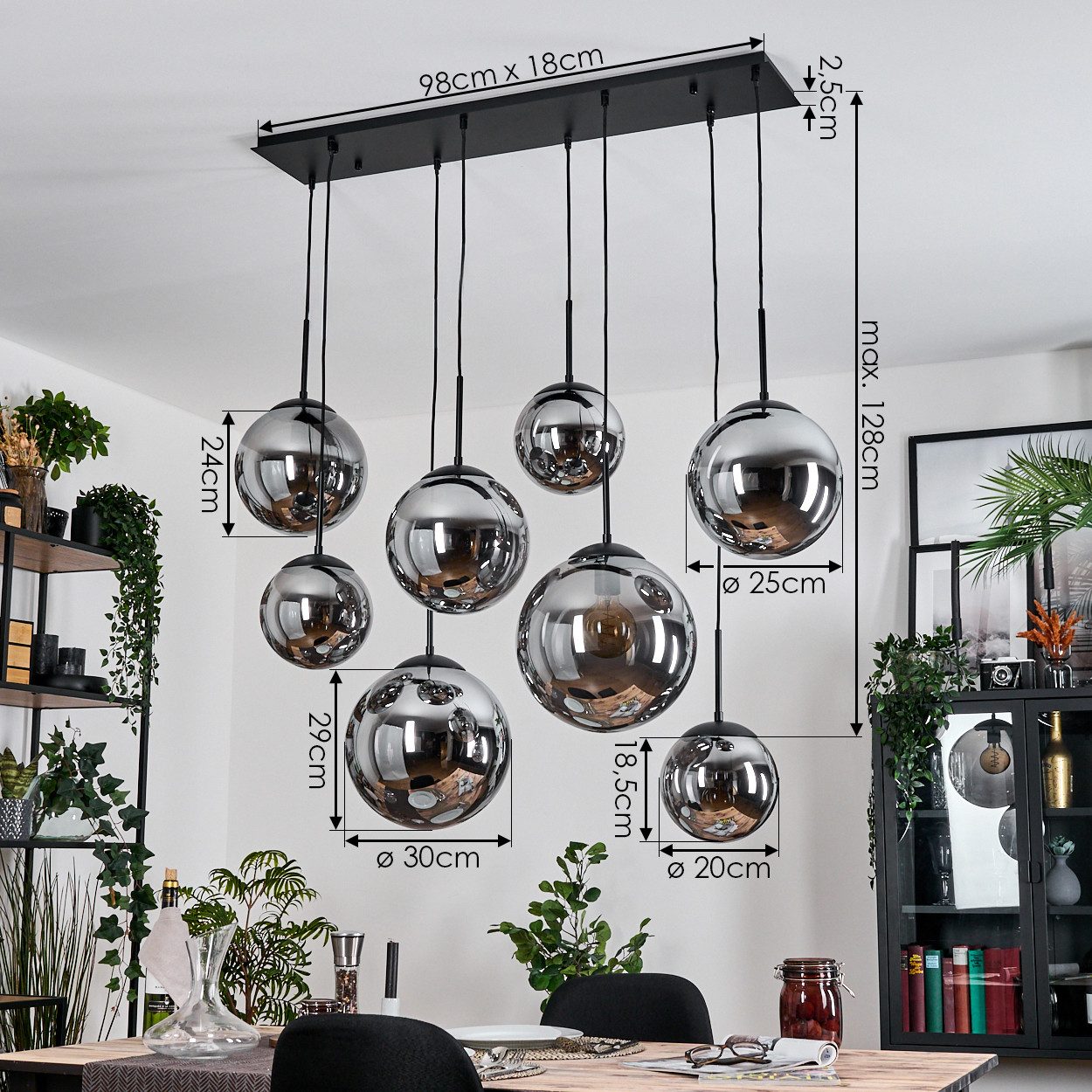 hofstein Hängeleuchte Hängelampe aus Metall/Glas in Schwarz/Rauchfarben, ohne Leuchtmittel, moderne Pendelleucht im Retro/Vintage-Design (20, 25, 30 cm), 8x E27 – Bild 4 von 5