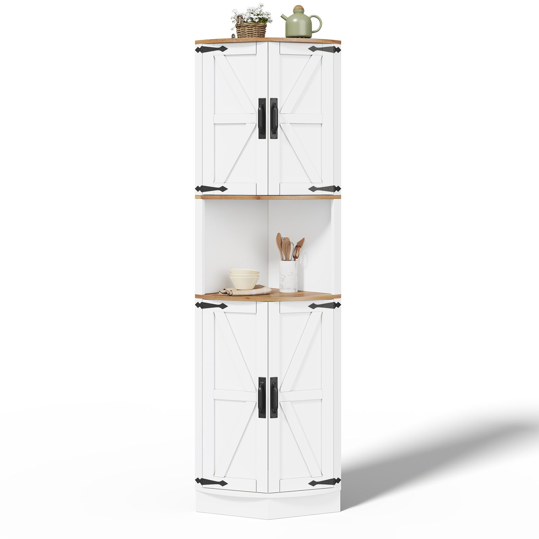 SeedWave Buffet Allzweck Eckschrank Hochschrank mit 4 Türen, Staufächern, Ablageboden Küchenbuffet inkl. Metallgriffe, Kippschutz-Set