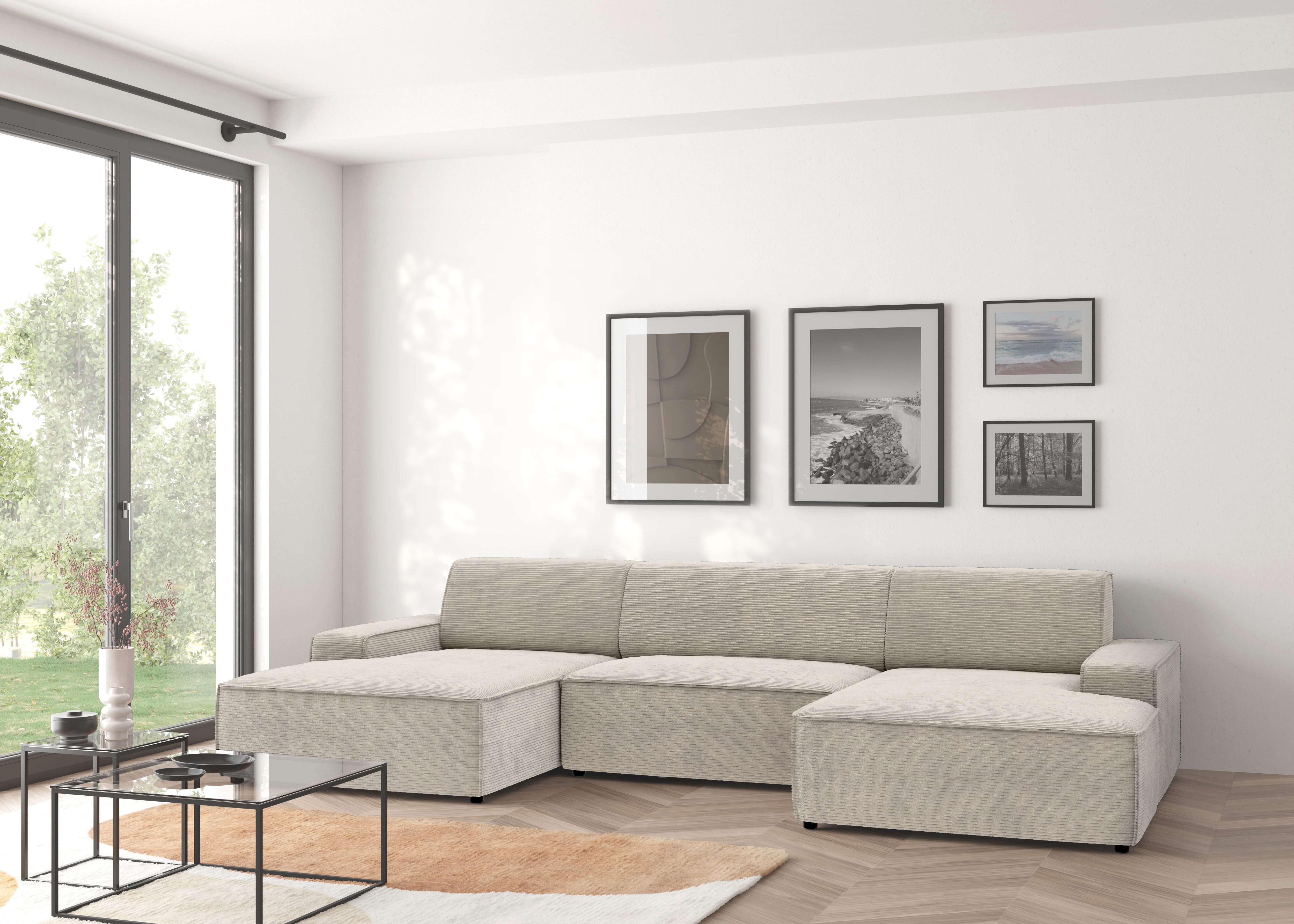 TRENDMANUFAKTUR Wohnlandschaft Graz, wahlweise mit Sitzvorschub und Bettkasten, U-Form, Breite 329 cm, in Cord-, haustierfreundlichem LEO Struktur- oder LUMOS-3D-Bezug