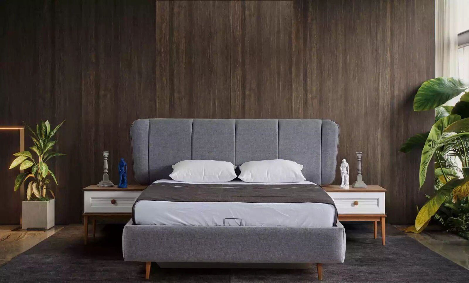 JVmoebel Schlafzimmer-Set Schlafzimmer Set Bett 2x Nachttische Holz Grau Komplet Klassisch, (3-St., 1x Bett + 2x Nachttische), Made in Italy