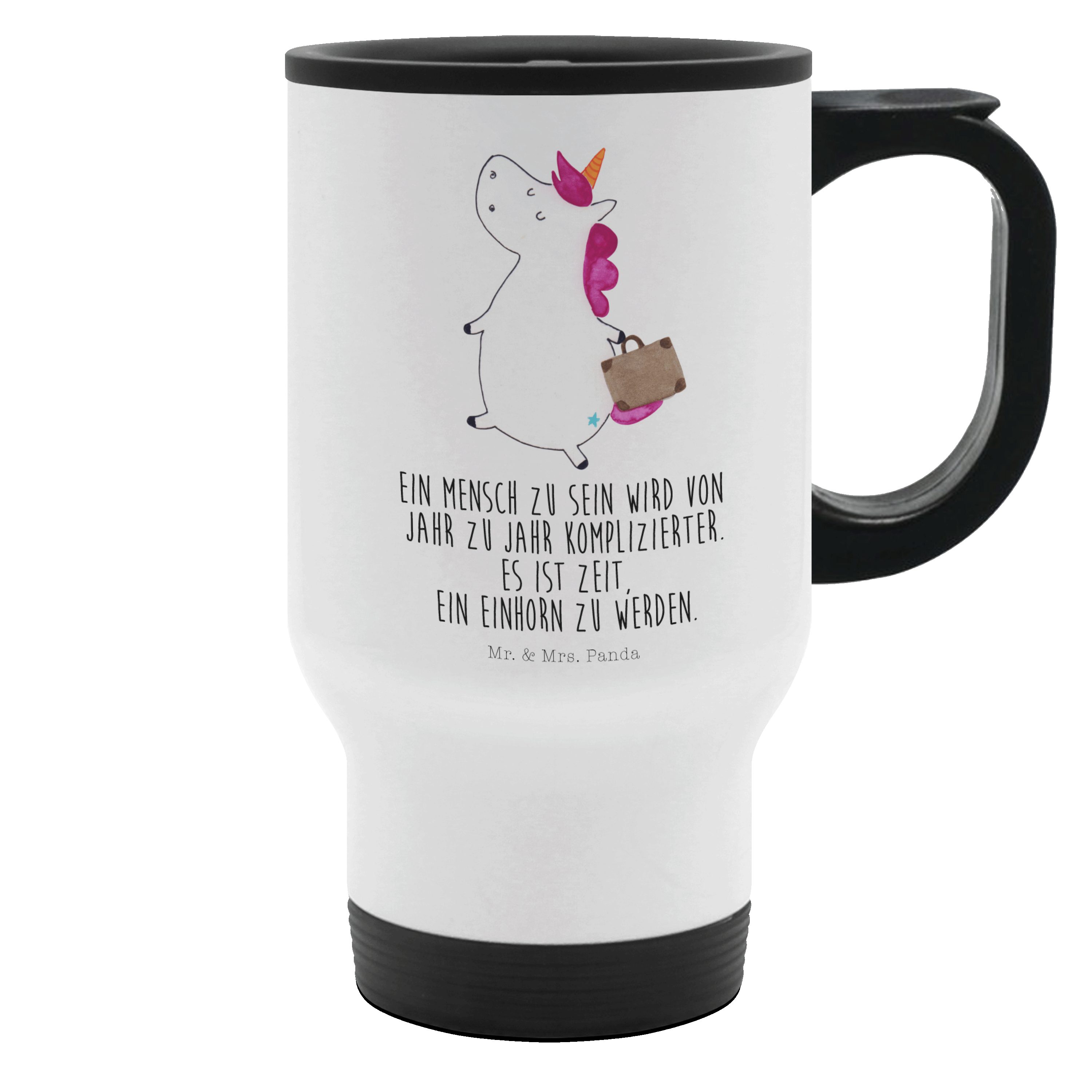 Mr. & Mrs. Panda Thermobecher Einhorn Koffer, Thermobecher To Go, Weiß, Abenteuer, Kaffeebecher Go, Edelstahl, Thermobecher Edelstahl doppelwandbecher Unicorn