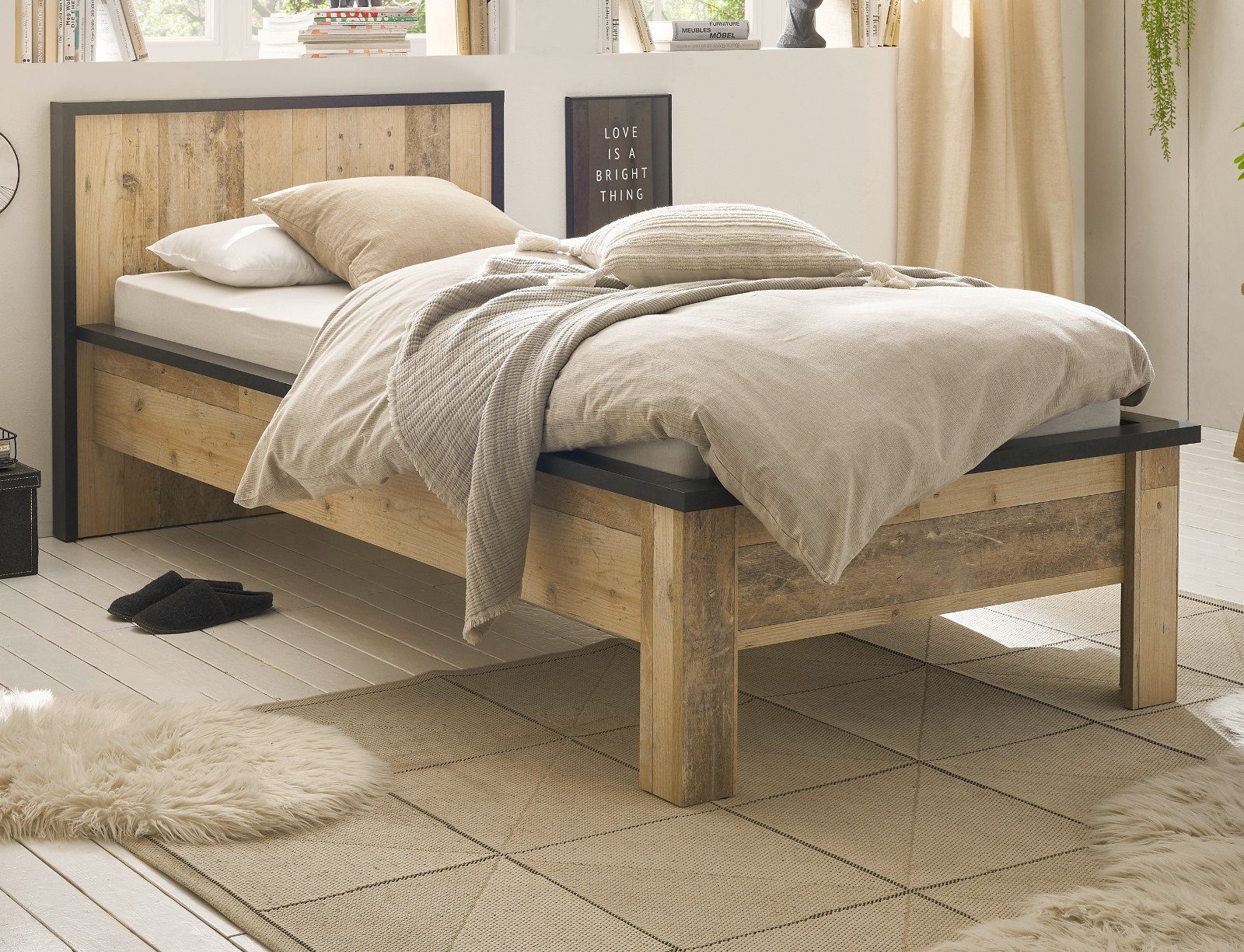 IMV Einzelbett Stove (Bett in Used Wood Und Anthrazit, Liegefläche 90 x 200  cm), höhenverstellbar