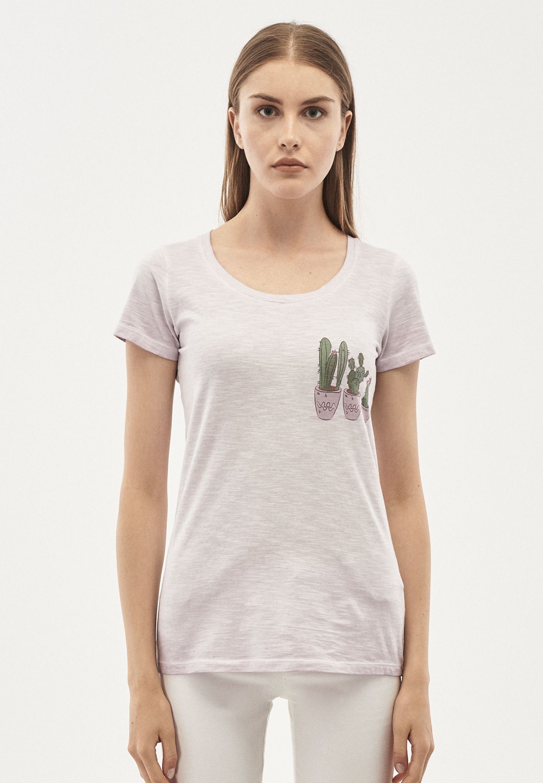 ORGANICATION T-Shirt Garment Dyed T-Shirt aus Bio-Baumwolle mit Kaktus-Print in Lilac