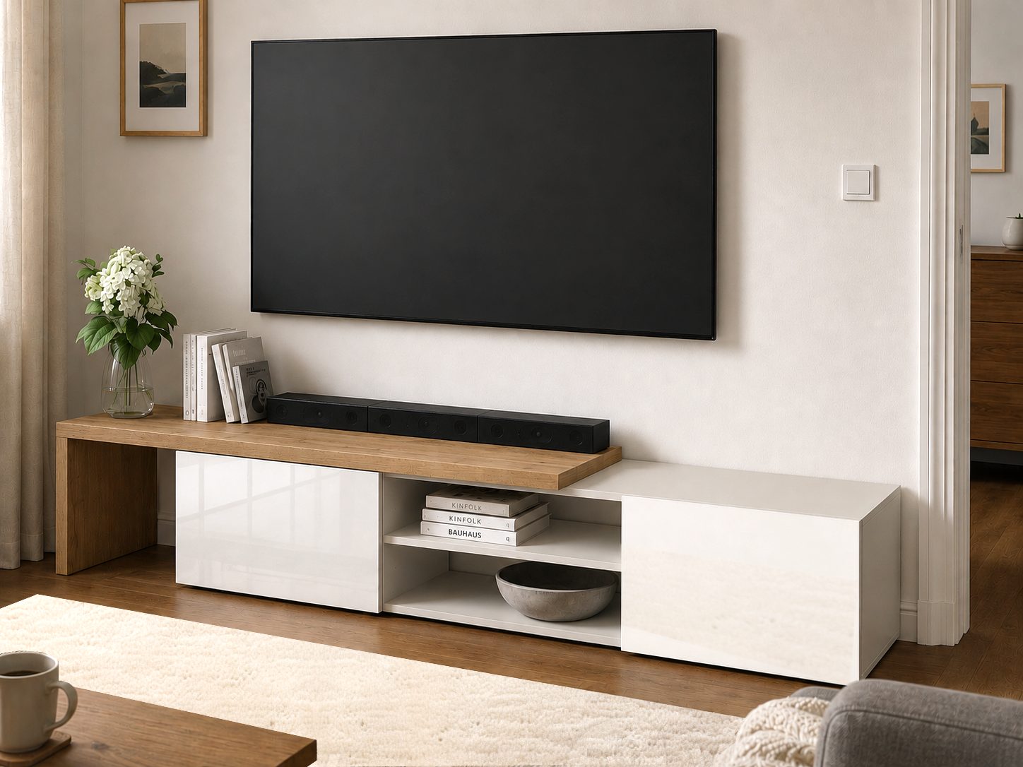 OTTO home Lowboard New Garda,Lowboard mit Aufsatz,TV-Board mit Ausatz,TV-Schrank-Tv Bank (1 St), Breite verstellbar v. 183 bis 310 cm,2 Klappen und L-Förmiger Aufsatz