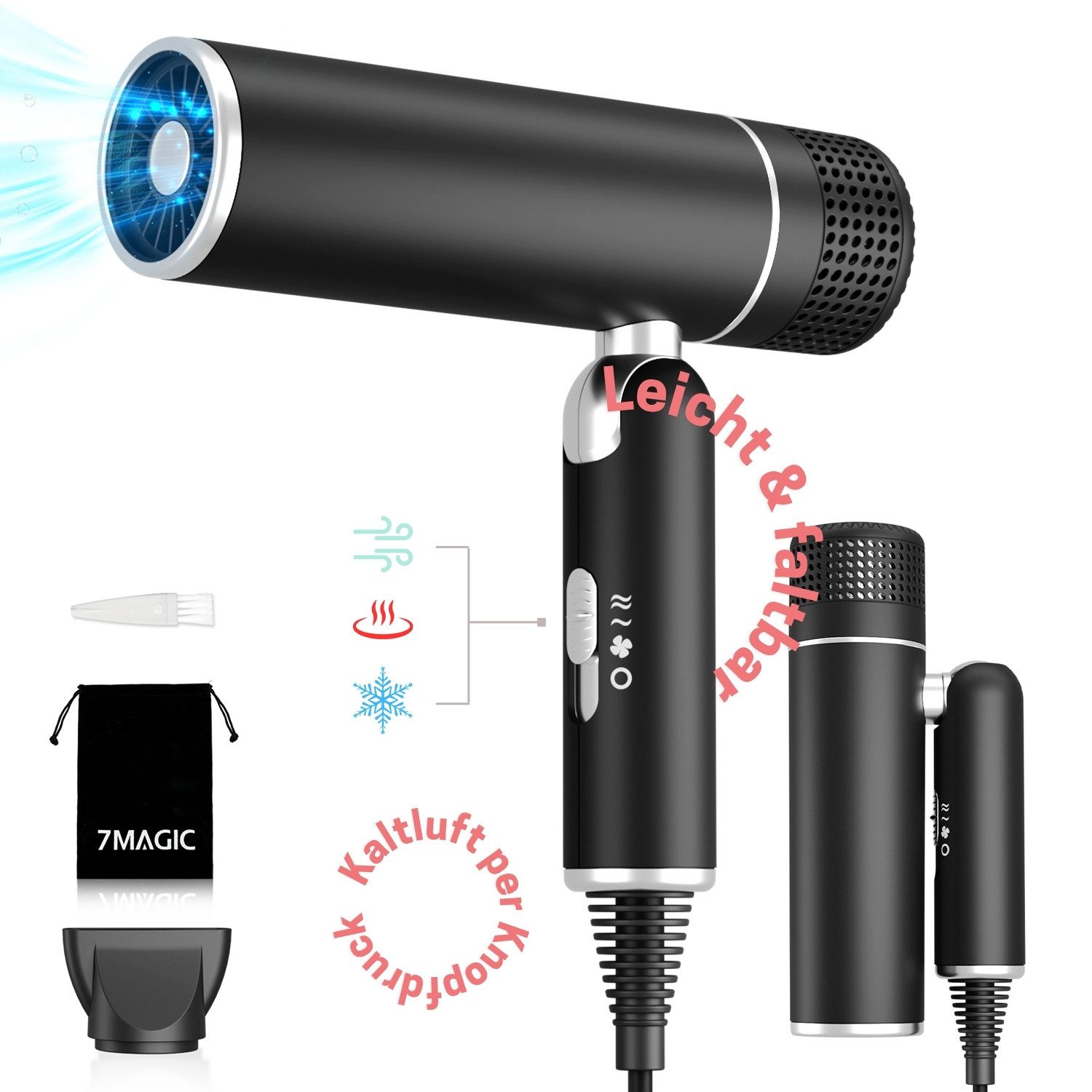 MCURO Reisehaartrockner Leicht faltbar Föhn für Reise und Alltag, 1600,00 W, 3 Temperaturstufen,2 Luftstärken,Kaltluftfunktion, mit Konzentrator oder Diffusor – faltbar, leise & reisefertig