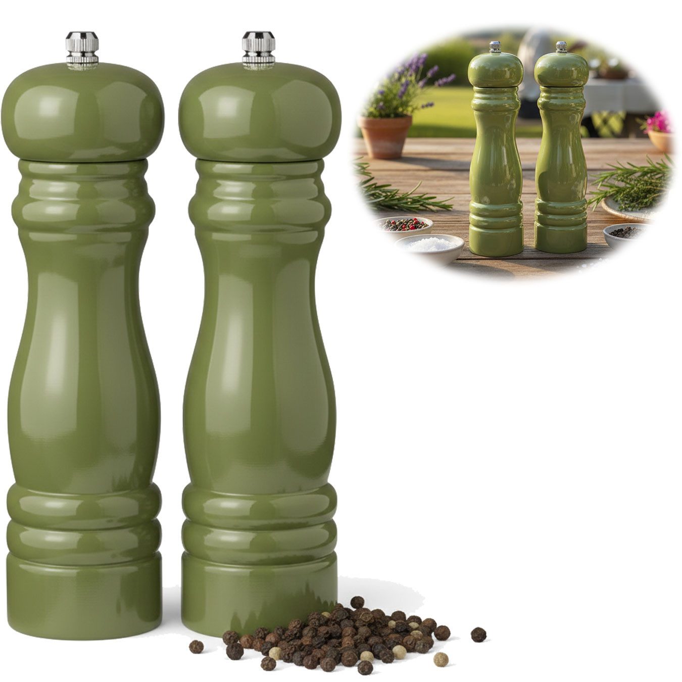 LS-LebenStil Salz-/Pfeffermühle iB Laursen Holz Salzmühle & Pfeffermühle Set Grün 21x5cm Keramikmahlwe, (2 Stück)